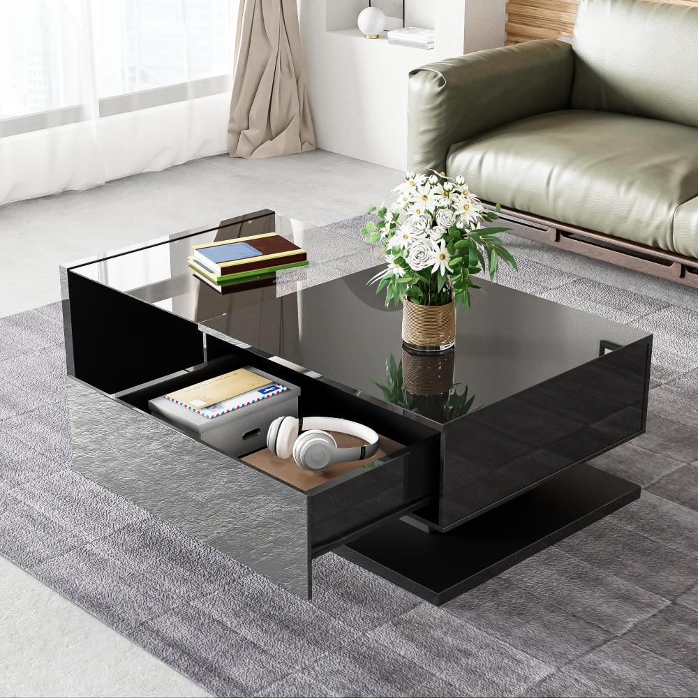 High-gloss Black Coffee Table In , Compact Overall Dimensions, Functional Inner Compartment, Stable Construction, Enriches The Of Any Living Room In A Stylish Way.
