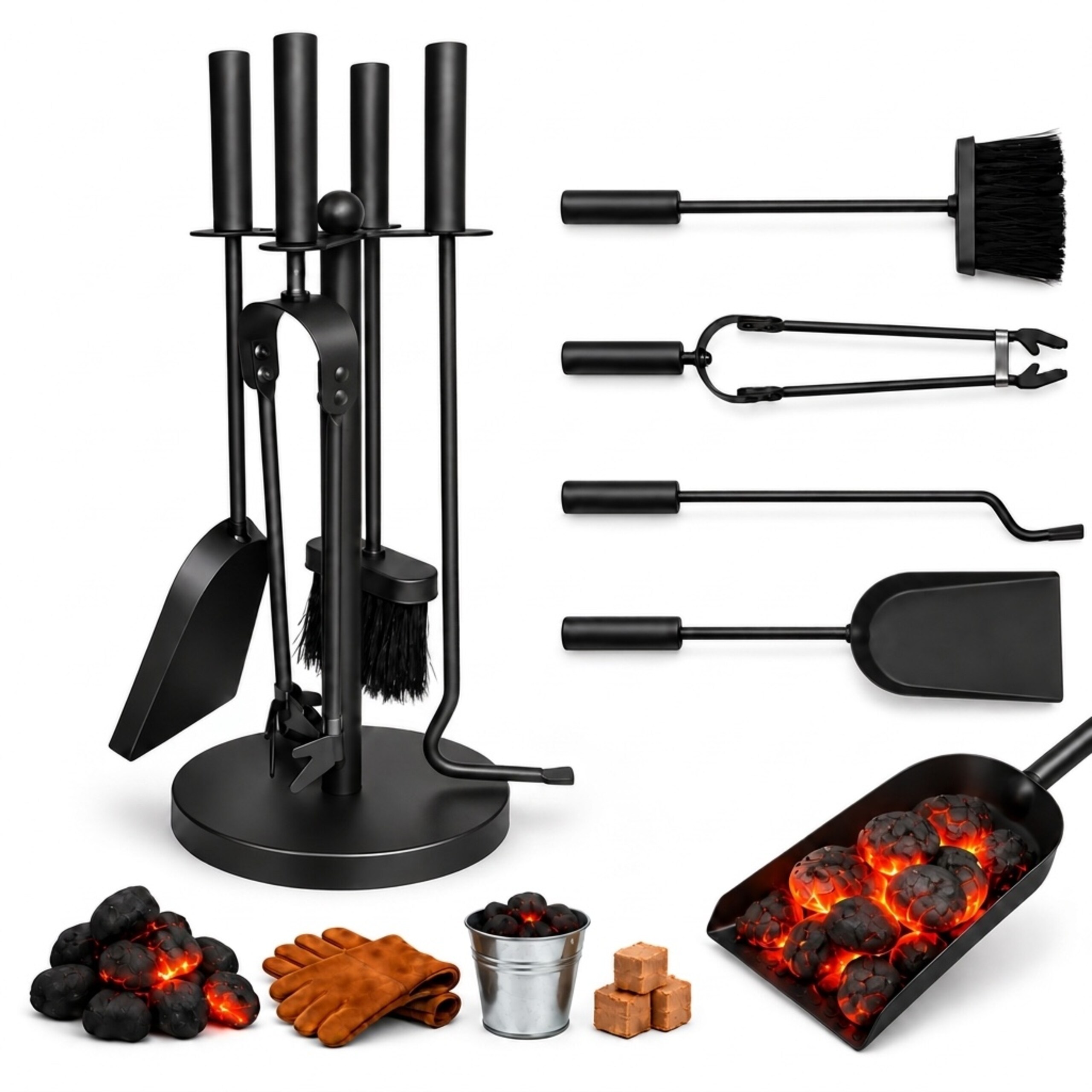 TEMU Set attrezzi da 5 pezzi, in acciaio, , altezza totale 50 cm, supporto 41.5 x 20 cm, con attizzatoio, paletta, scopino, pinza e porta-attrezzi,
