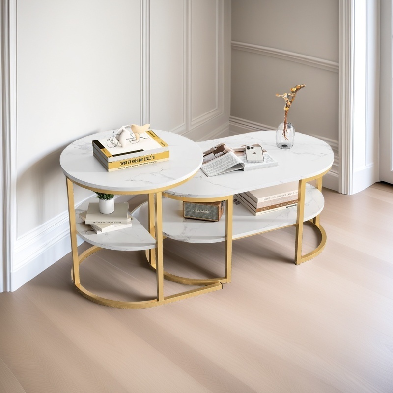 TEMU Luminarix Lot de 2 tables basses rondes et ovales avec espace de rangement, plateau en bois de qualité supérieure, cadre en métal, table de