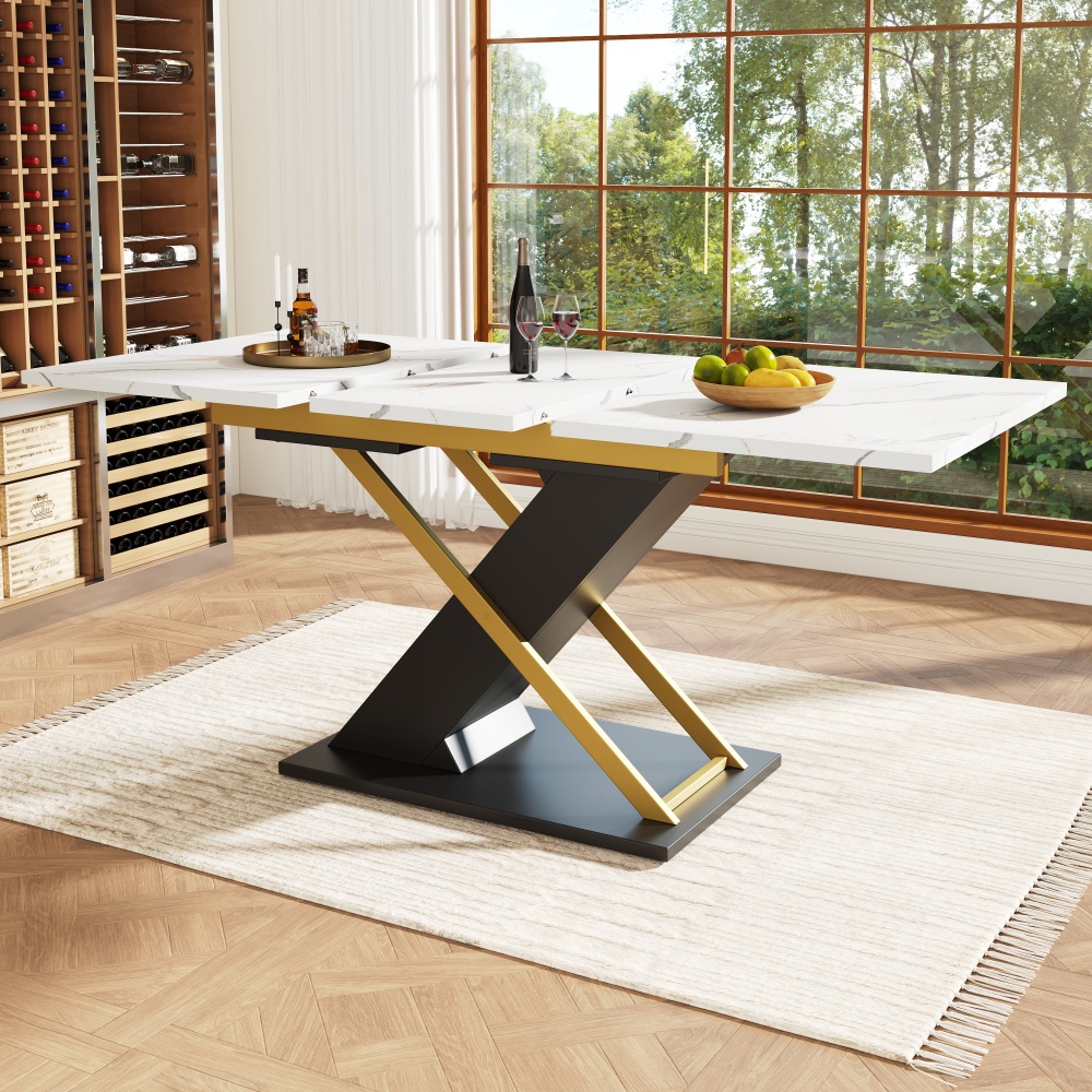 Image of Dining Table Extendable Table (120-160×80cm), Kitchen-living Room Table, Extendable Table, Extendable To 160cm With Of An Inner Insert Plate, Dining Table With Golden Cross Legs.