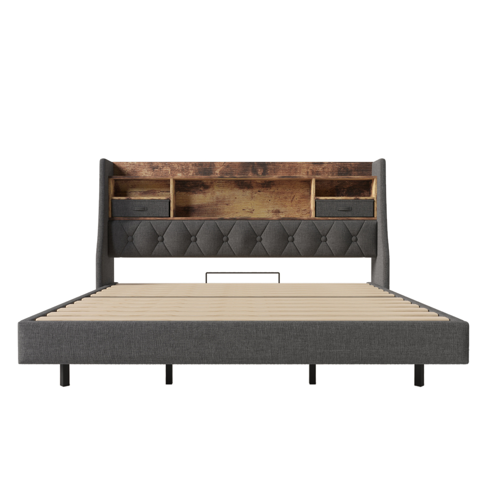 Image of 180x200 Cm, Simple Fabric Bed With Padding – High-leg Design & Massive Wooden Frame, Headboard With Storage Space & Pockets, And , Easy To Assemble And Clean (without Mattress)