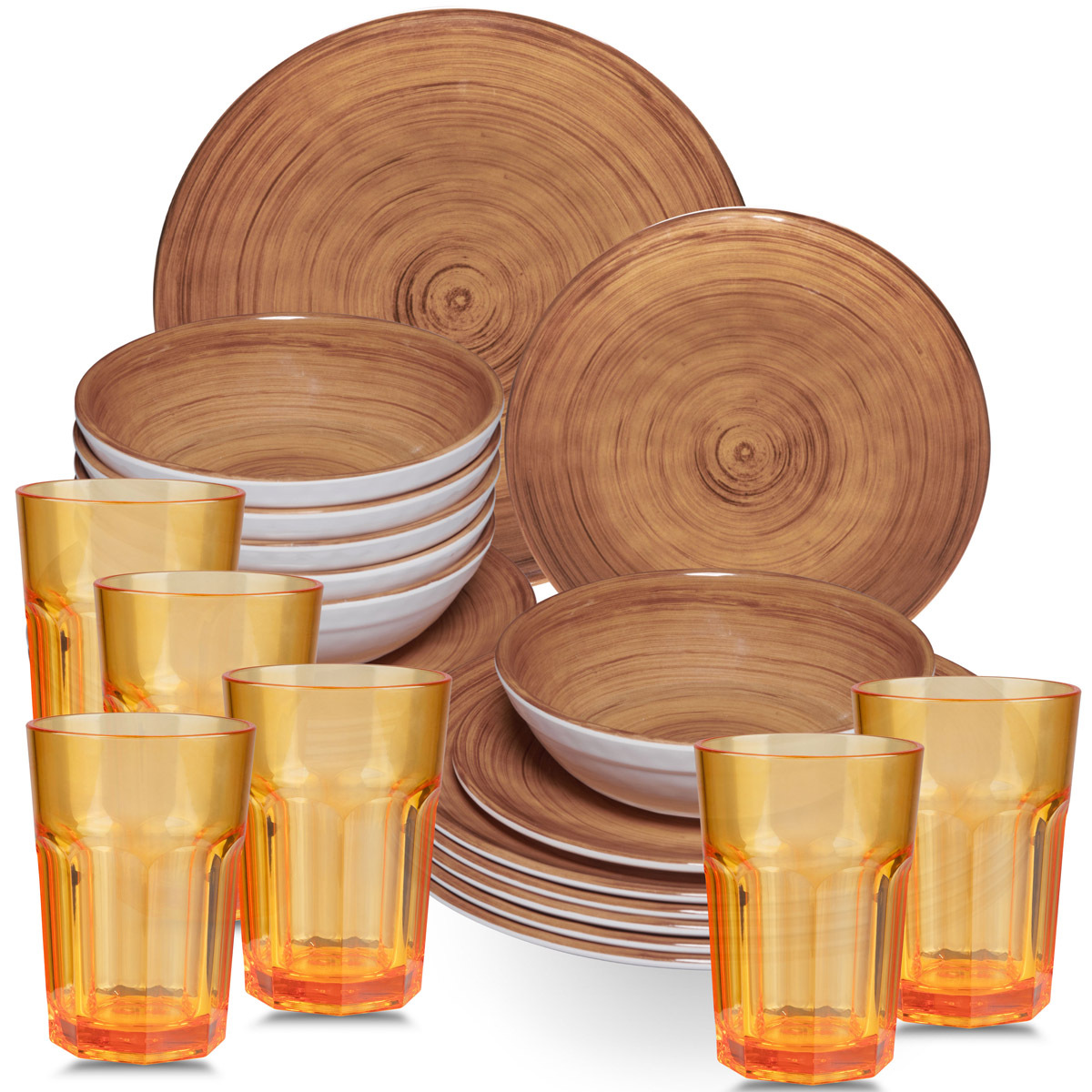 Melamine Dish Set Brown For 6 People - 24pcs With Color- Acrylic Tumblers 400 Ml Optics Dishwasher-safe Accessories Camping Dish Set Camping Festival