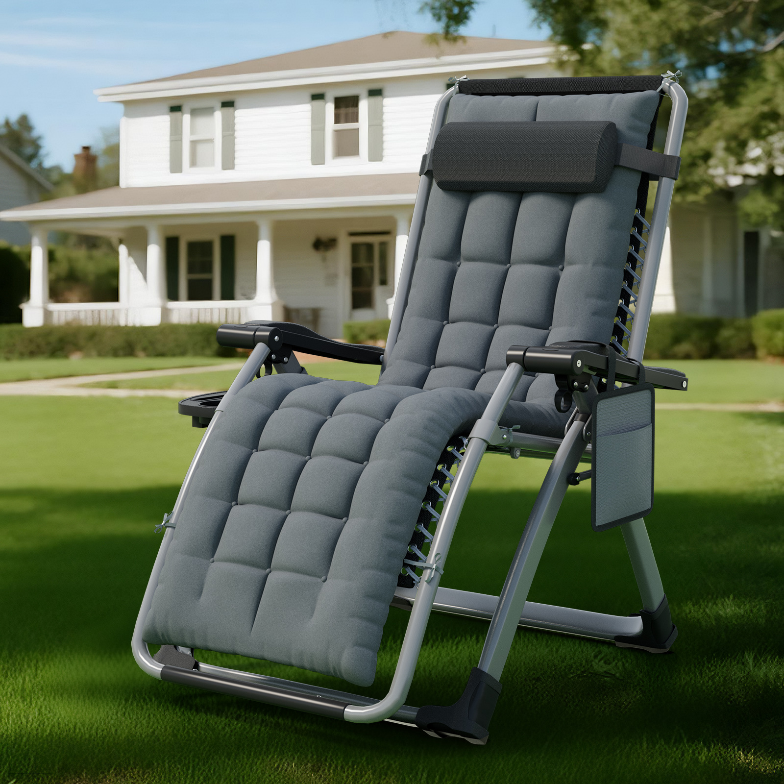 Lingsen Folding Sun Lounger With Canopy, Garden Lounge Chair With Ergonomic Cushion Neck Pillow Cup Holder Side Pocket, Beach Chair With Adjustable Backrest