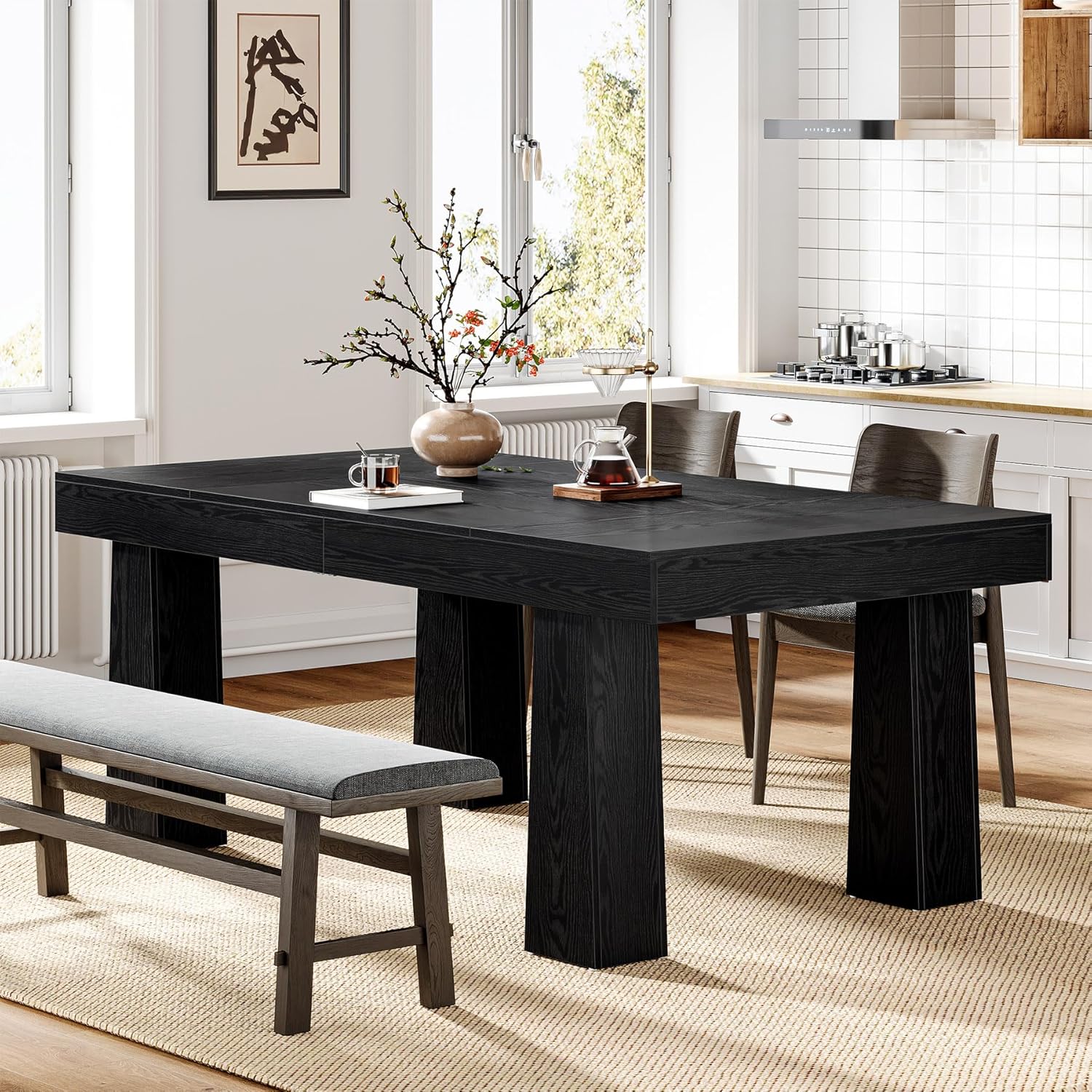 Farmhouse 160cm Dining Table, Modern Rectangular Kitchen Table With Heavy Duty Tapered Legs, Black Table For Dining Room, Cafe, Restaurant, Easy Assembly (1pc, Black)