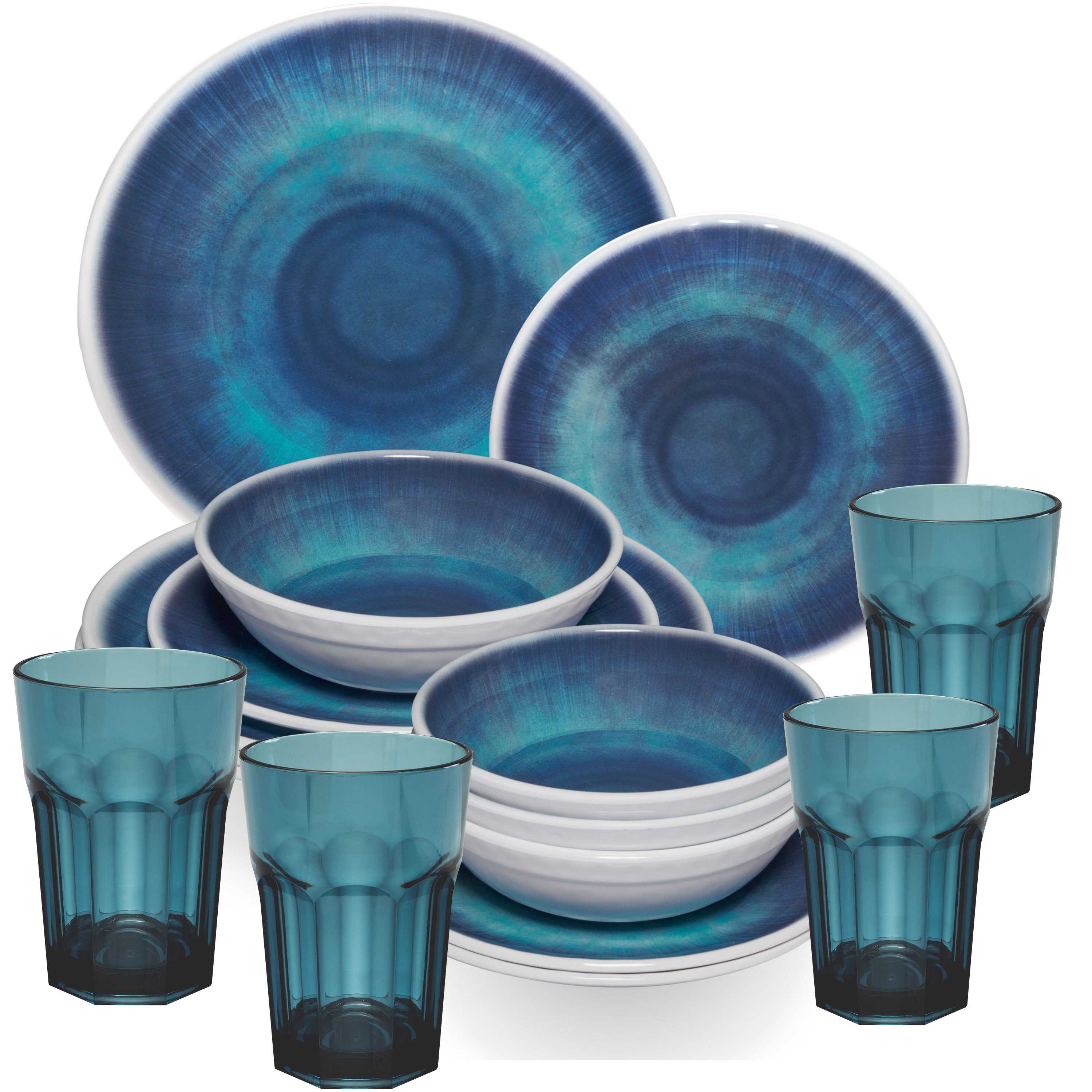 Melamine Dish Set Blue For - 16pcs - With Color-matching 400ml Acrylic Tumblers Camping Dish Set Tableware Modern Melamine Dishware Colorful
