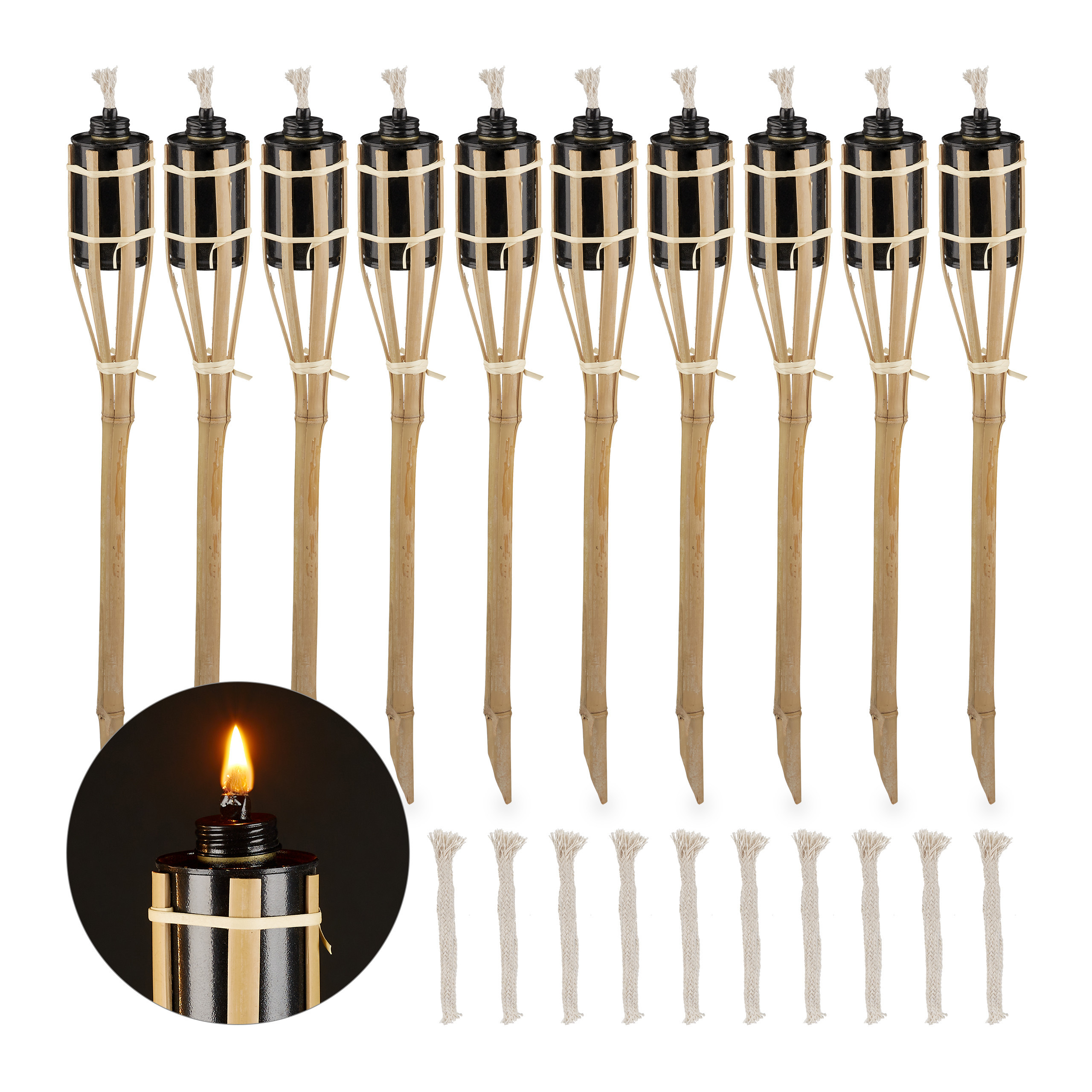 TEMU Tuinfakkels bamboe, set van 10, 50 x 6 cm, oliereservoir van 180 ml, brandduur 4-6 uur, ijzer, naturel, met reservelonten en schuin afgesneden ,