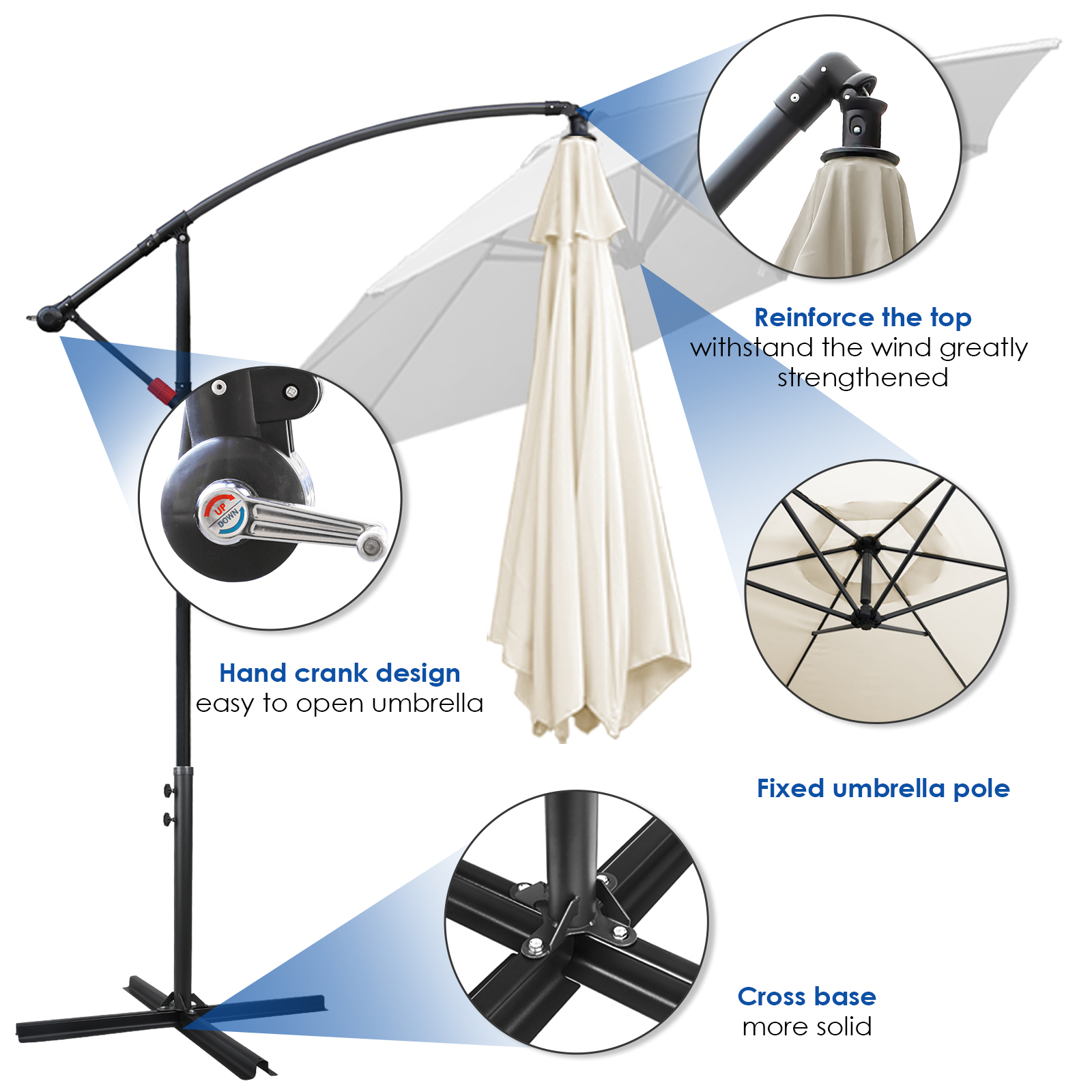 Parasol, parasol cantilever, avec support et lumière, protection solaire, protection UV jusqu'à UV30+, ouverture et fermeture faciles, pour jardin, terrasse, 300 cm