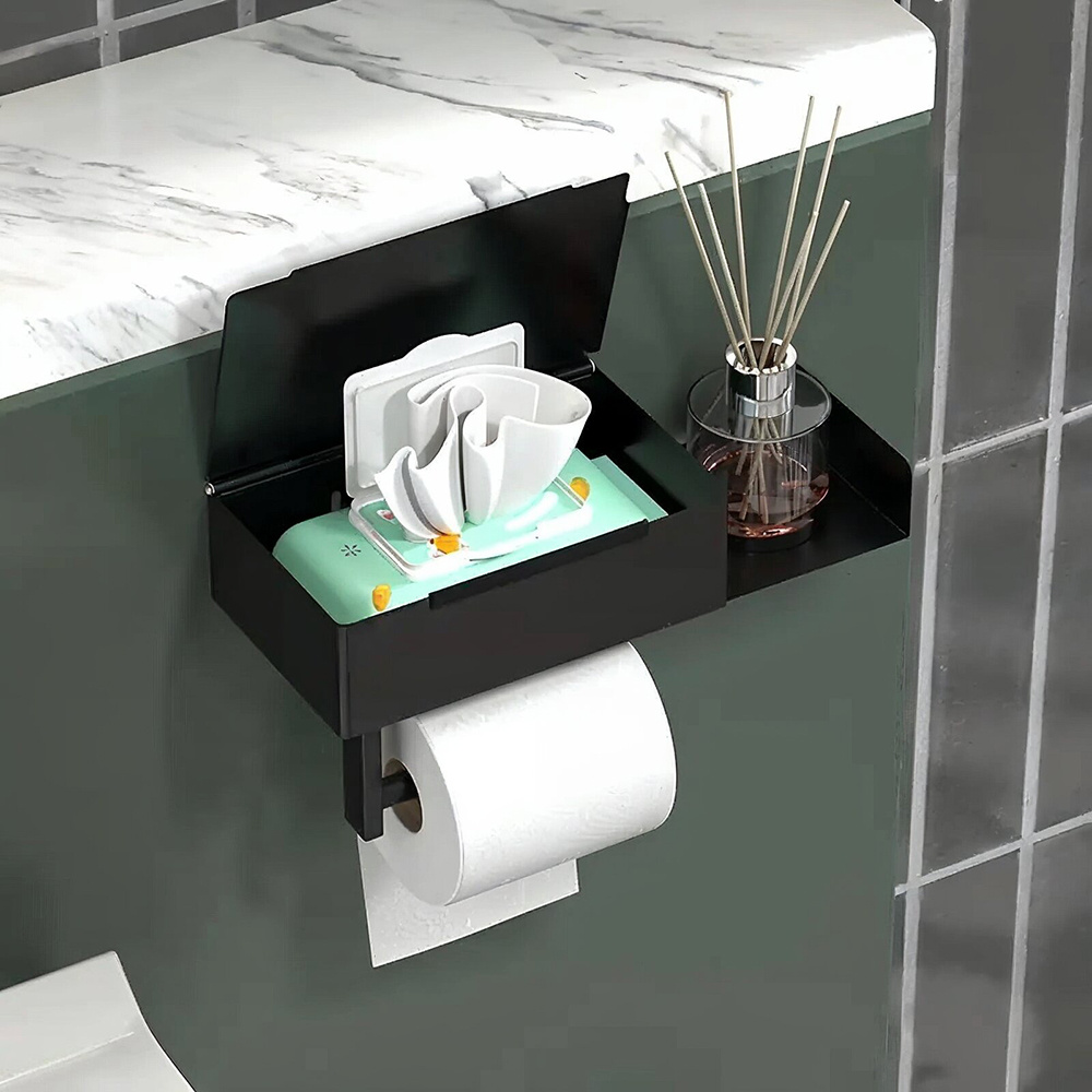 TEMU 1pc, Bathroom Wall Mounted Tissue Holder, Black Stainless Steel Non Perforated Tissue Box, Used As Toilet Paper Holder, Roll Paper Holder And