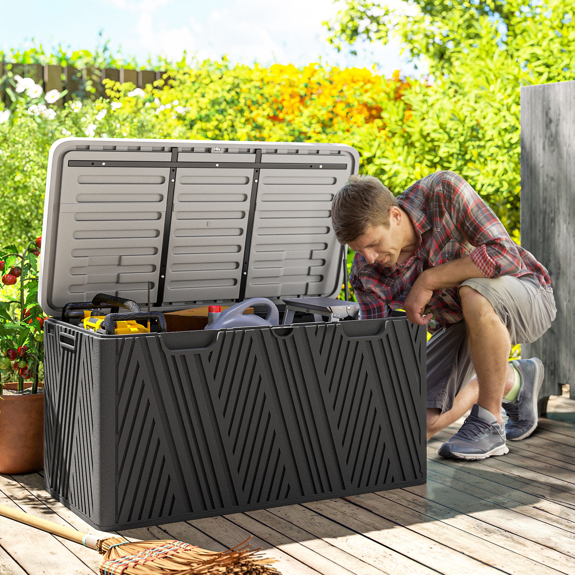 Image of Outsunny 380l Outdoor Storage Chest With And 2 Side Handles, Waterproof Hdpe Outdoor Storage Bench, Uv Protection, 115x60x60 Cm, Black And Grey