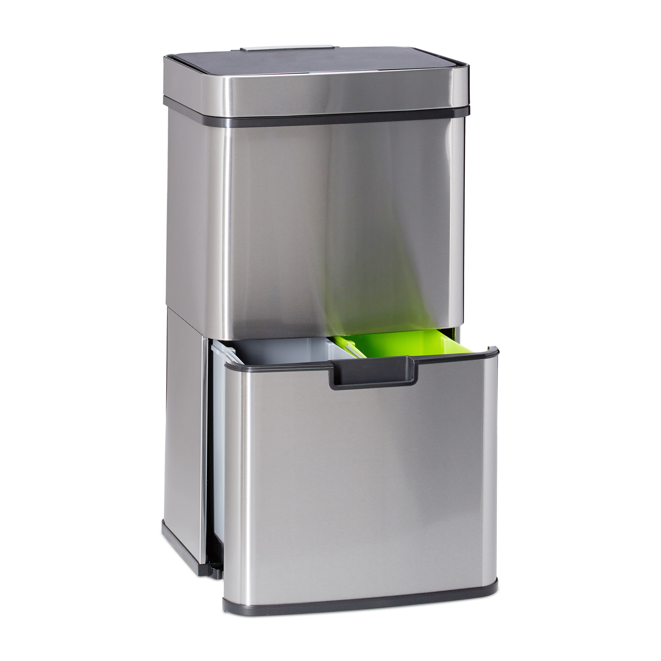 TEMU Sensor Waste Sorting System, 60 L, 3 Compartments, 74.5 X 42 X Cm, Stainless Steel And Plastic, Silvery-gray-green, Automatic Lid, 2 Removable