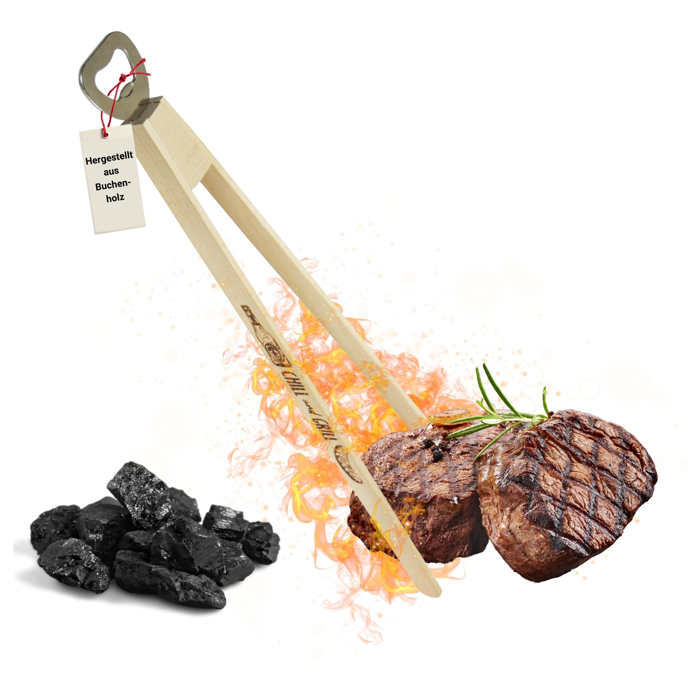 Wooden Grill Tongs Opener 43 Cm - Sturdy Bbq Tongs With Integrated Bottle Opener And Laser-engraved Design - Thanks To - Functional And Versatile - Accessory - Ideal For Hobby As A Gift Idea