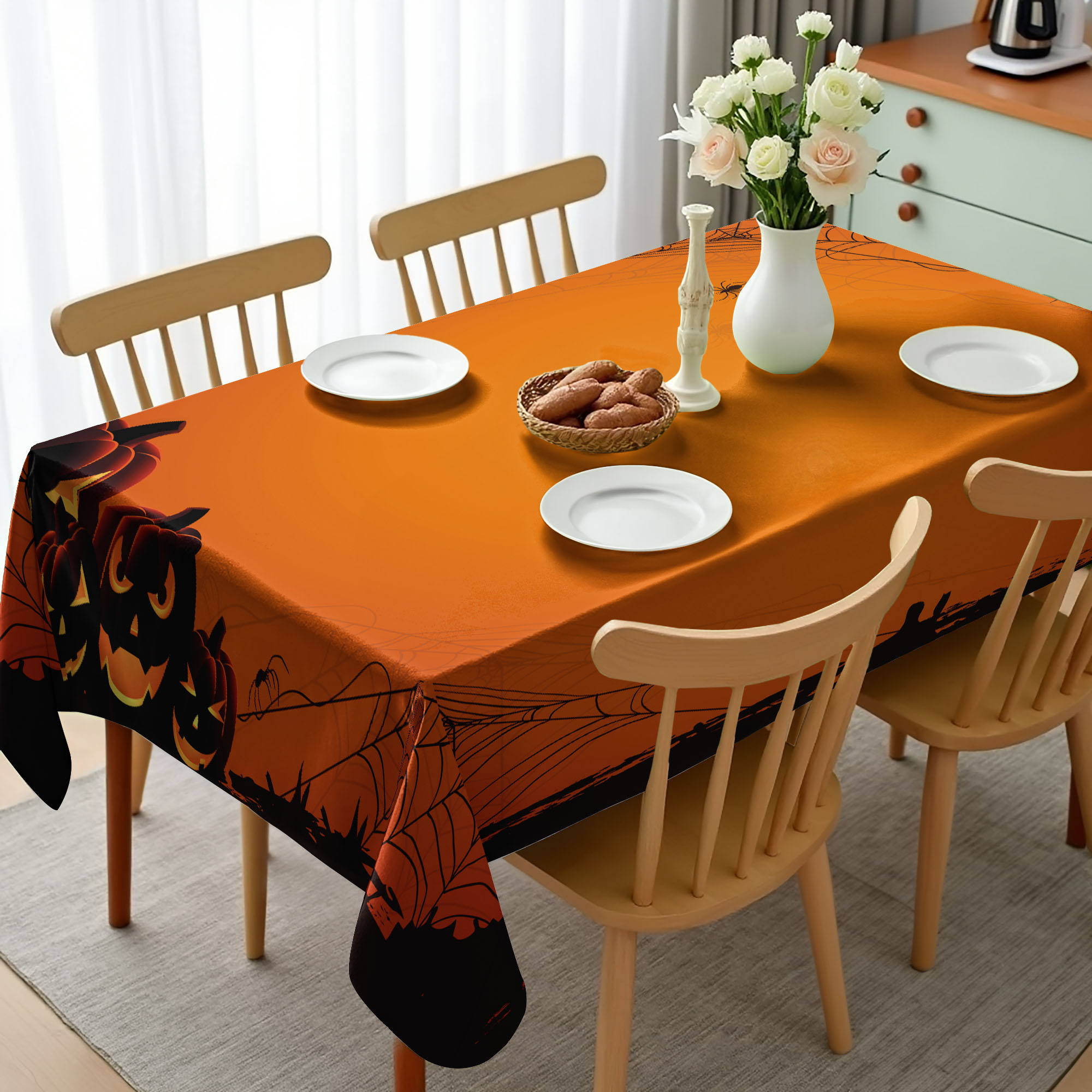 Image of Orange Tablecloth, Halloween Pumpkin Scary, Suitable For Indoor And Outdoor Use, Washable, Printed, Vibrant Colors, No Fading, 140 X 240 Cm, Orange Seal Brown