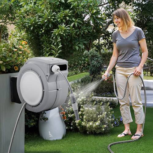 1pc retractable garden hose reel wall mounted with 180 swivel bracket any length lock 20m outlet 2m inlet hose with spray nozzle light grey commercial grade for yard garden 44x23x40cm