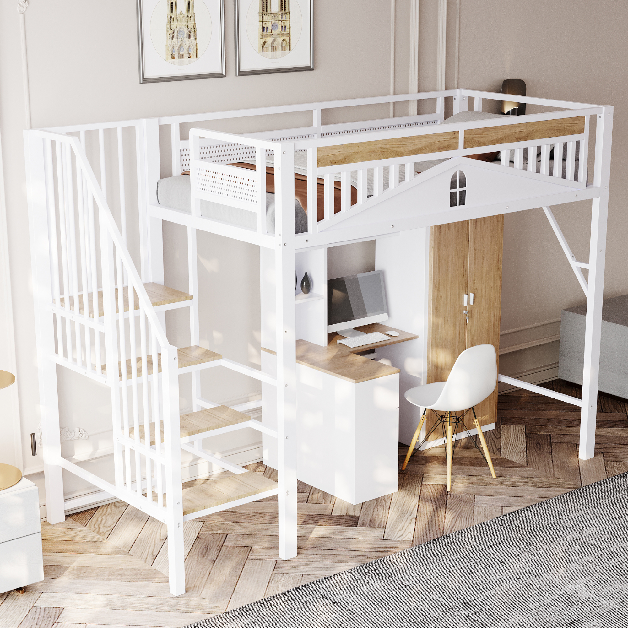 Image of Metal Loft Bed 90 X 200 Cm, With Window, With Safety Ladder, Space Under The Bed For Free Fabric Cover, White, Old Sku Ldt00276aak