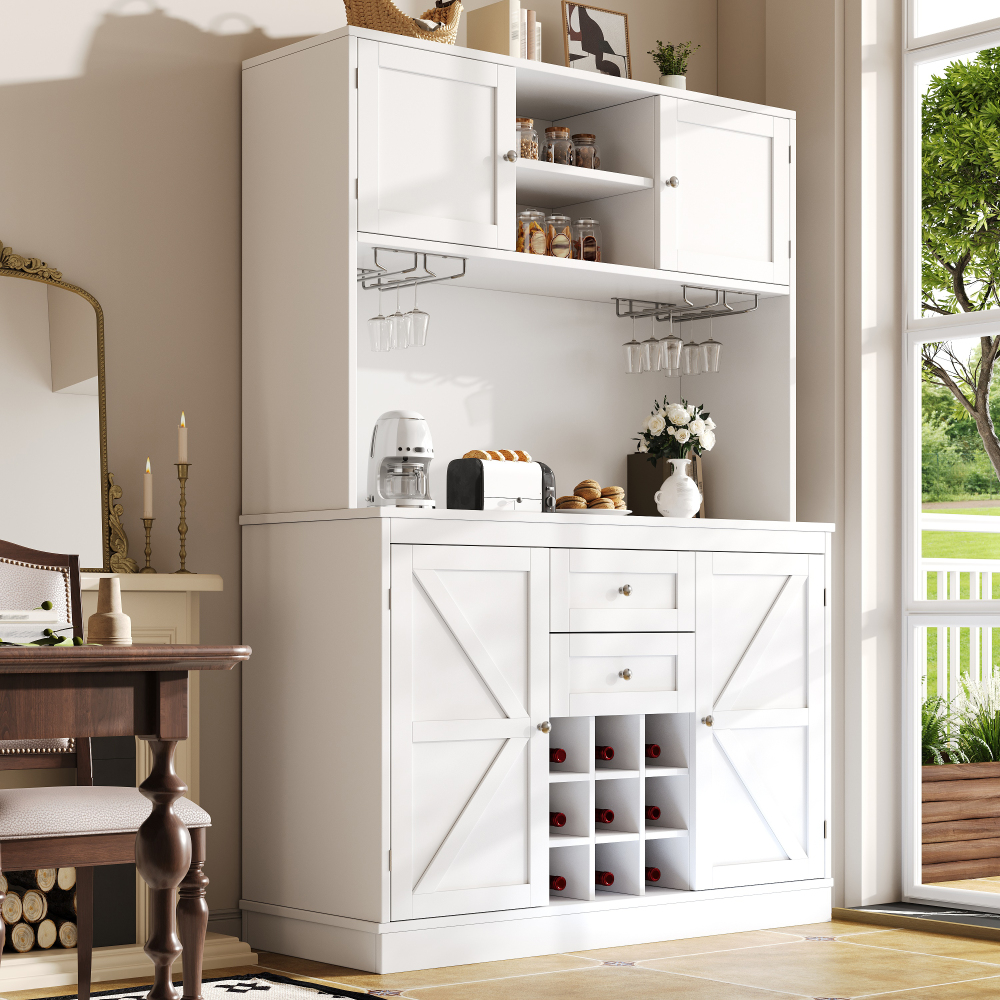 Image of Kitchen Buffet, + 2 Drawers -with 3d Design & Metal Handles - Wine Rack + Wine Glass Shelves - Adjustable Shelves - Tilt Protection - 60 Kg Load Capacity - For Kitchen, Dining Room