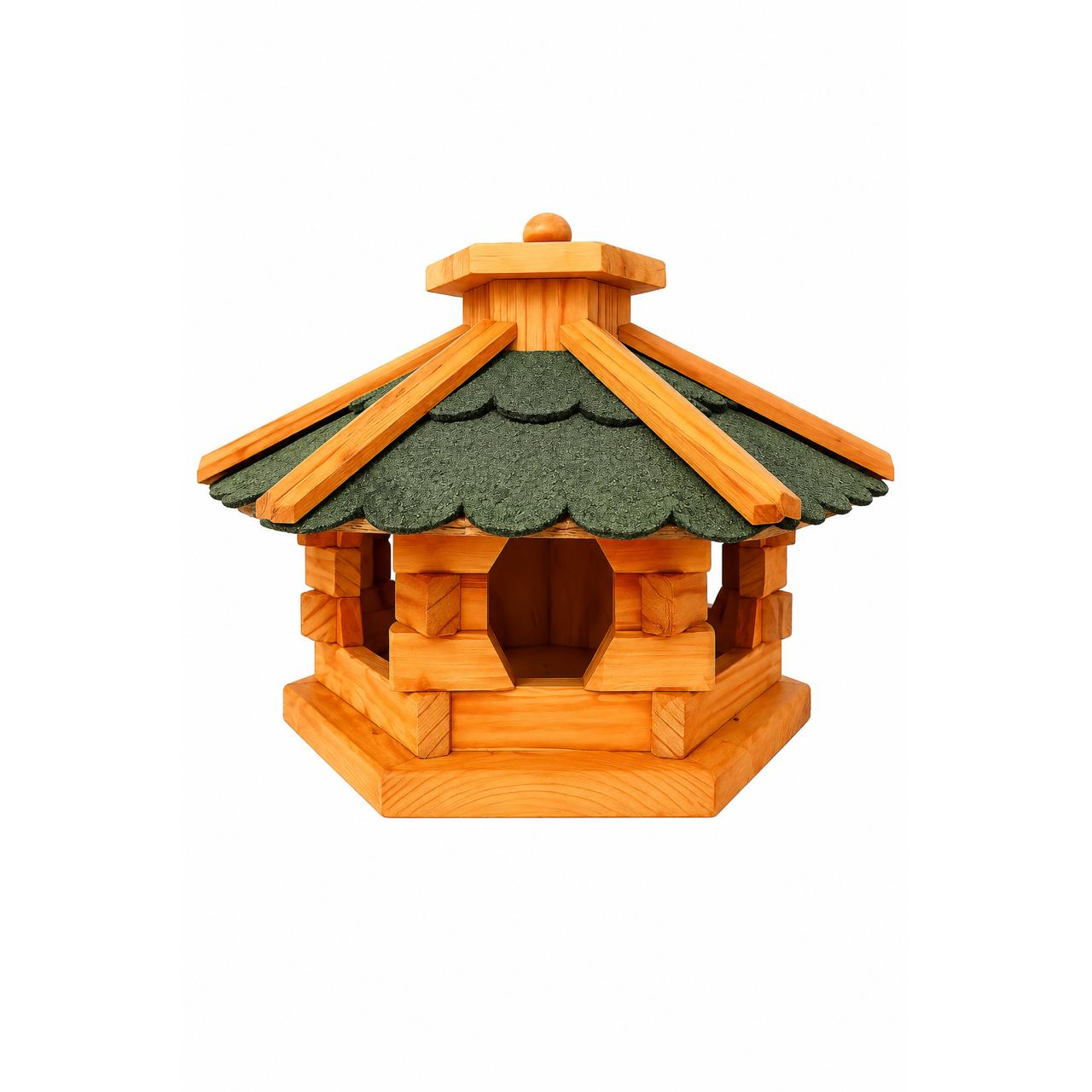 Handcrafted Bird Feeder House M - Outdoor Birdhouse, (lxbxh 43x43x30 Cm), Weatherproof & Winterproof, Wooden Bird Feeding Station For , Hexagonal Birdhouse For Garden, Terrace & Balcony, Brown / Green