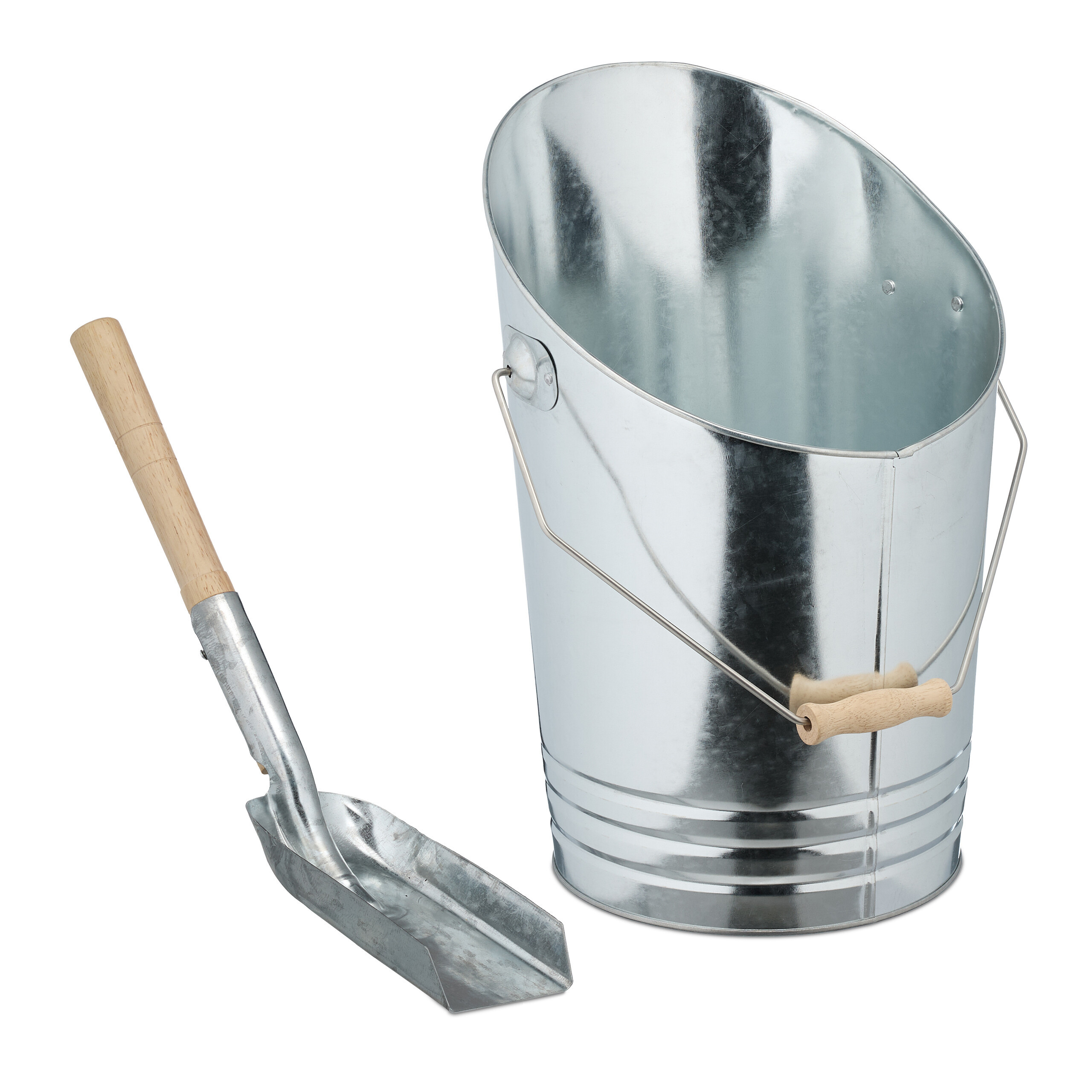 TEMU Set seau à charbon galvanisé, 10 l, 39 x x 26.5 cm, récipient en fer avec poignée en bois de , pelle 45 x 11 x 7.5 cm, argenté et naturel, pour