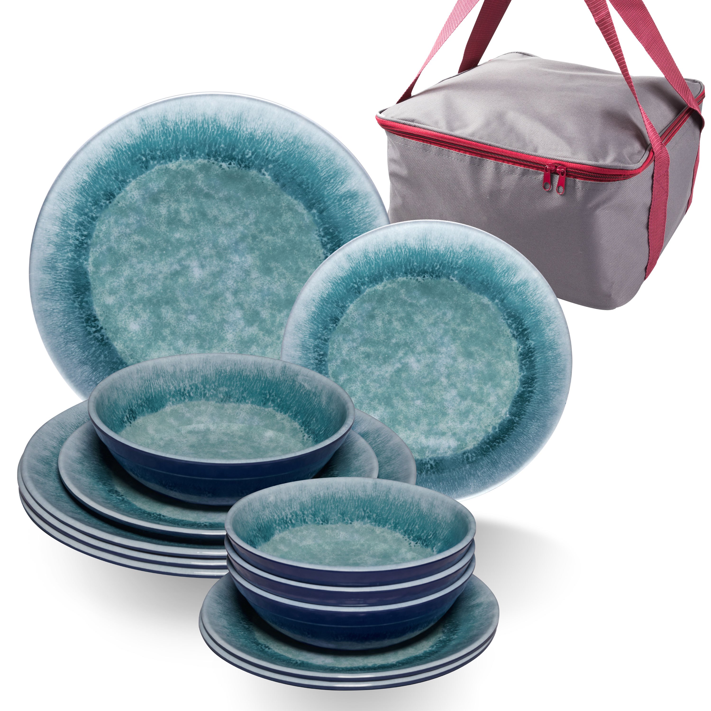 Melamine Dish Set Adria Blue For - 13pcs Blue - With Storage Bag Stoneware Look Dishwasher Safe - Tableware Camping Accessories Camping Dishware Camping