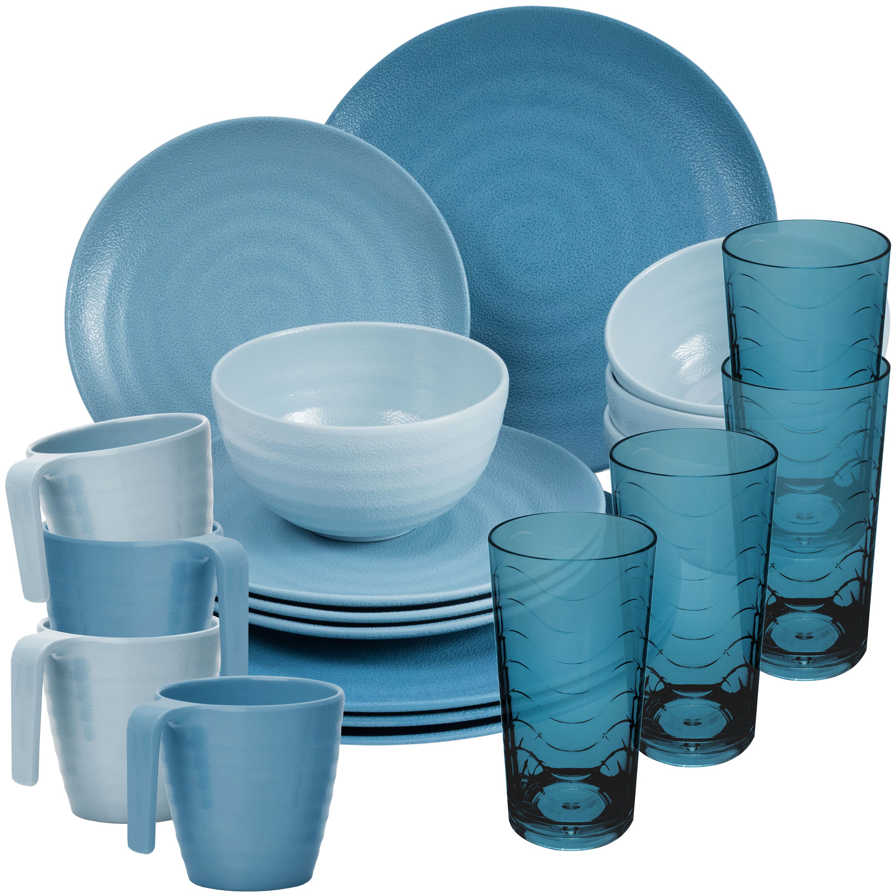 Image of Elegant 20-piece Camping Tableware Set In Blue With 260ml Blue Water Glass - Dinnerware, Glasses, Water Glass, Tumbler, Whiskey Glass For 4 People - Ideal For Camping, Picnics, Modern Outdoor Use