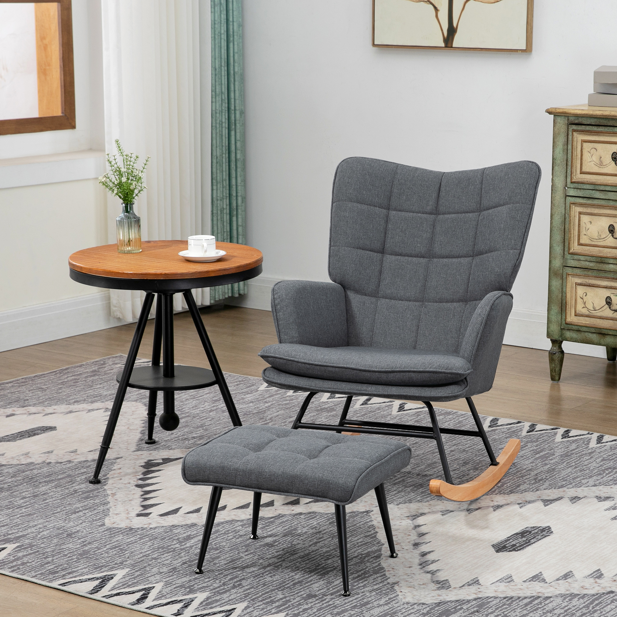 Rocking Chair Swing Chair With Stool, Armchair, Chair With Linen Optics, Rocking Chair Up To 130 Kg Load Capacity For Bedroom, Living Room, Grey