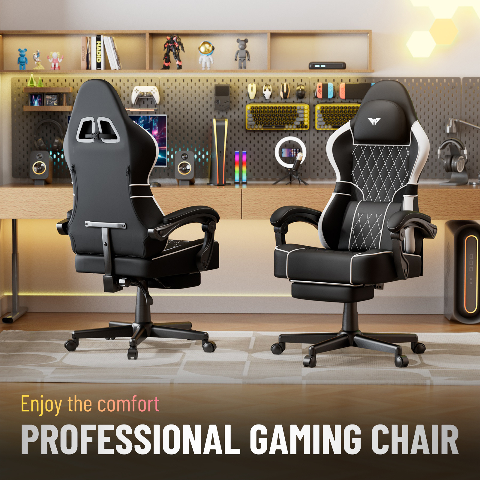 Image of Lingsen Gaming Chair With Lumbar Support, Padded Gaming Chair, Ergonomic Gaming Chair With Footrest, Velvet, Adjustable Backrest 90-160° Gaming Armchair