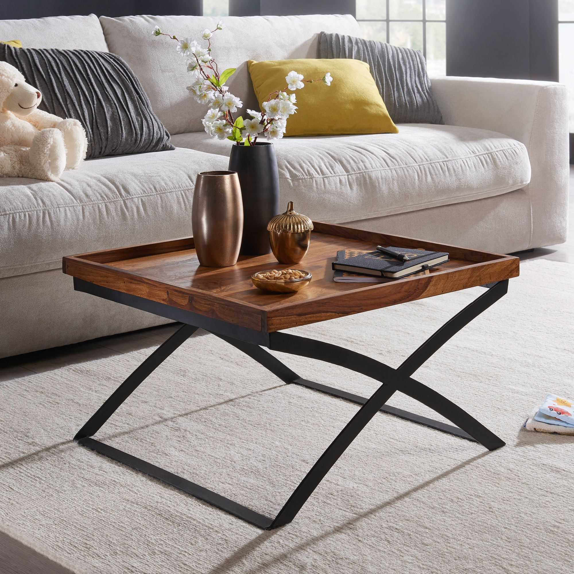 Coffee Table Fb50967 63x39x63cm Solid Wood / Metal Sofa Table, Industrial Style Living Room Table, Brown/black Accent Table, Coffee Table, Square Table