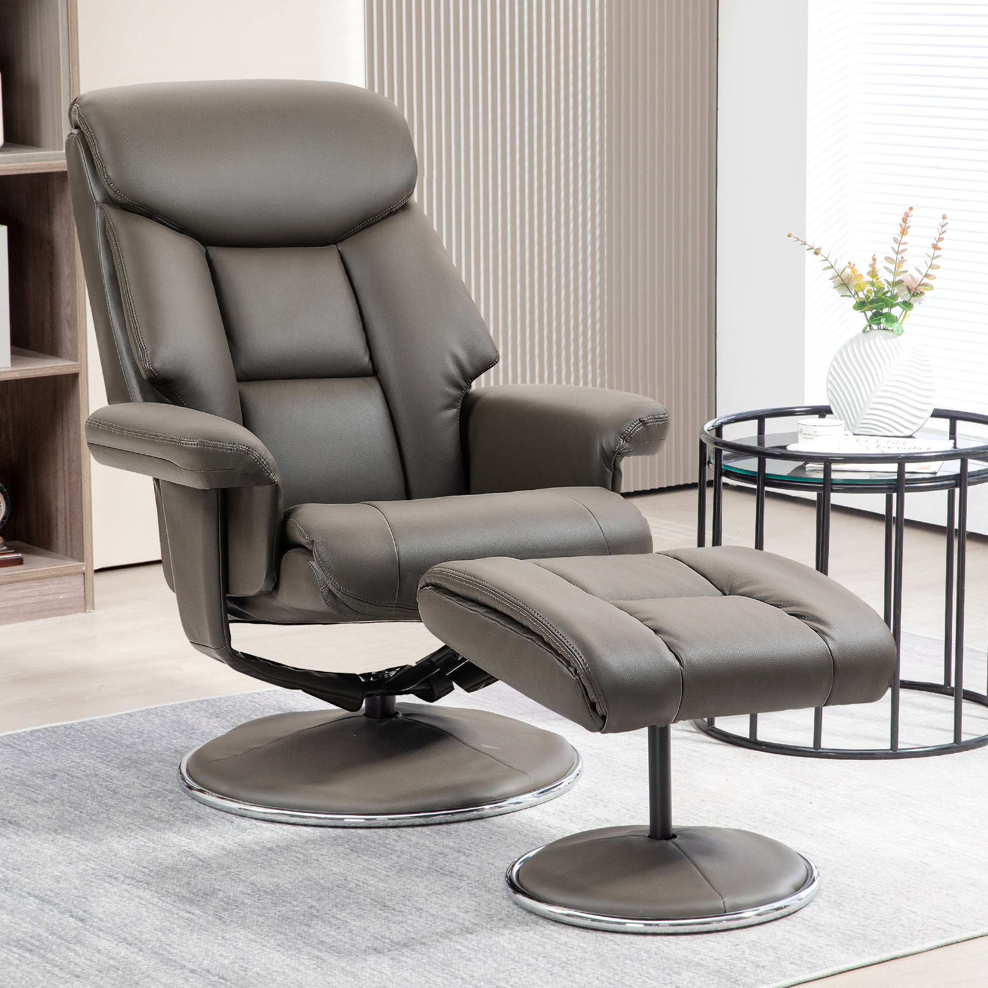 Image of Homcom Recliner With Stool, Reclining Tv Chair, Rocker Function, High Back Tv Armchair For Bedroom, Living Room, Leather, Grey