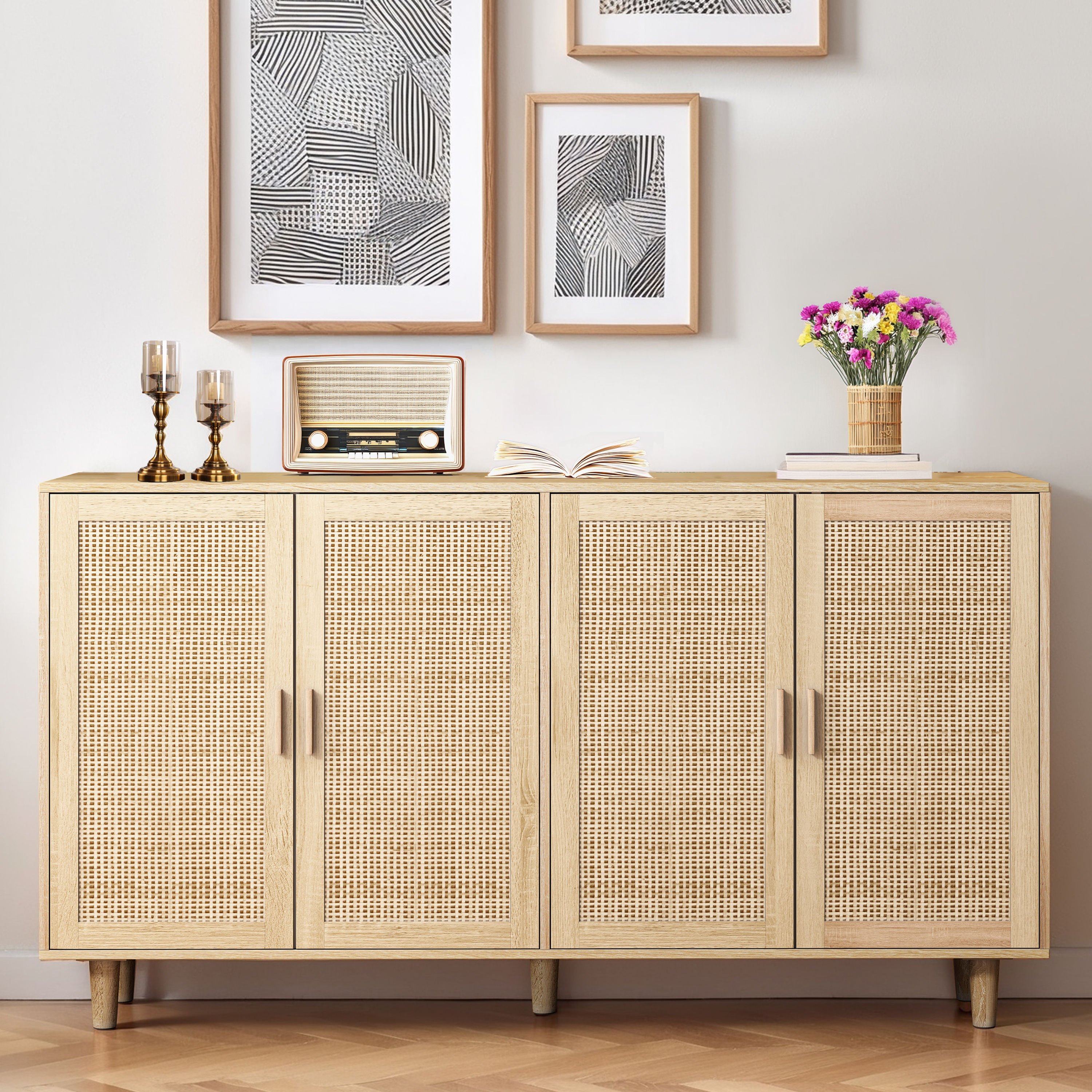 Image of 158cm Elegant And Functional 4-door Rattan Decorative Storage Cabinet, For Bedroom, Living Room, Office; 158cm Elegant And Functional 4-door Rattan Wardrobe For Bedroom, Living Room