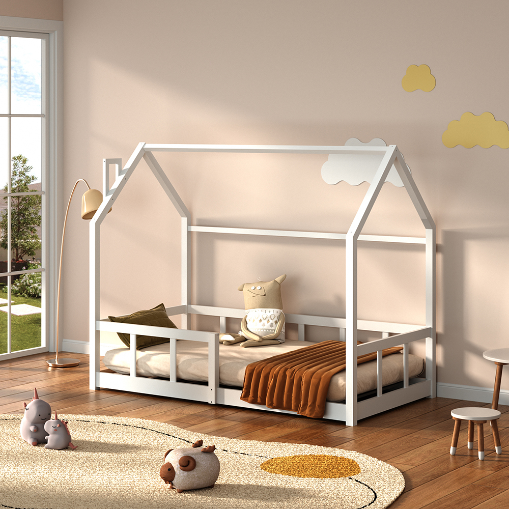 1pc Playful Treehouse Design Kids Bed Frame - 167×87×135cm Solid Pine Wood Construction, Safety Rails Included, Boys/Girls Bedroom Furniture (Mattress Excluded)