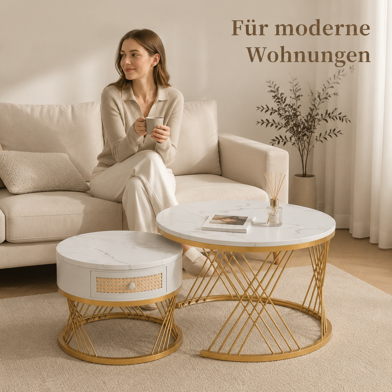 Image of 2pcs Set Coffee Table In Light-, Marble Optic , Rattan Drawer, Frame, Space- For Living Room & Apartment