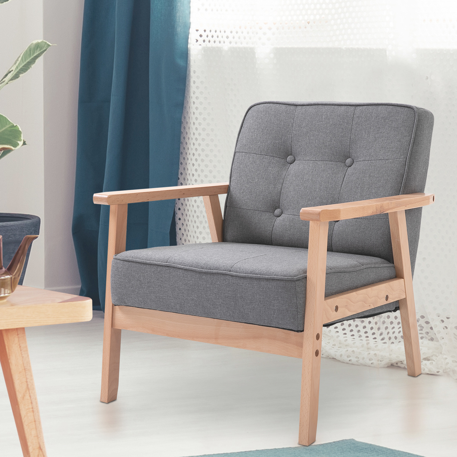 Homcom Single Sofa Lounge Chair Upholstered Armchair With Wooden Frame Linen Grey 64.5 X 70 X 74 Cm