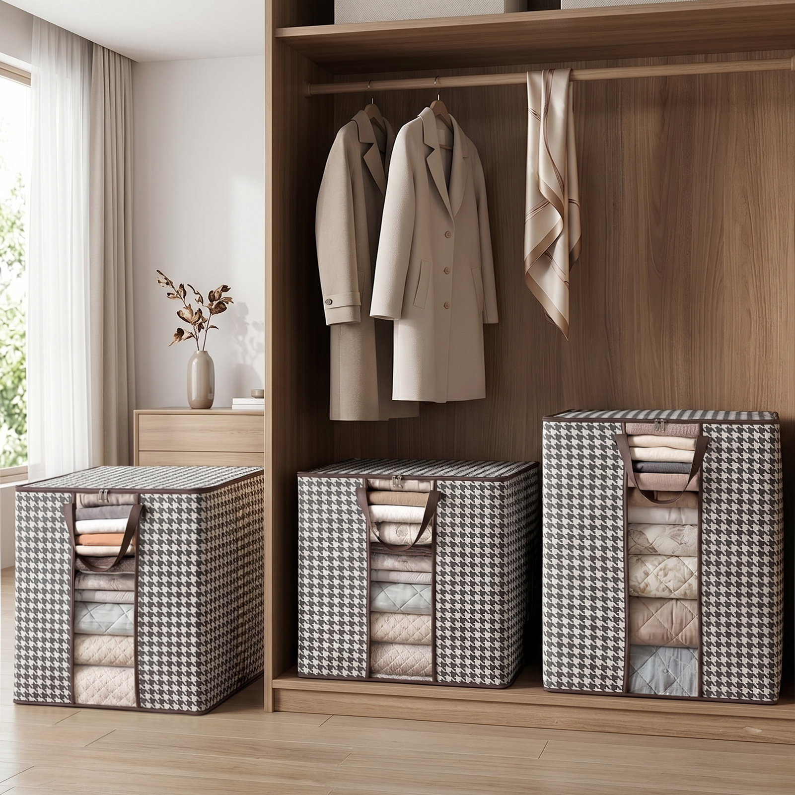 Pack of 3 Houndstooth Storage Bags - Collapsible Dustproof Boxes