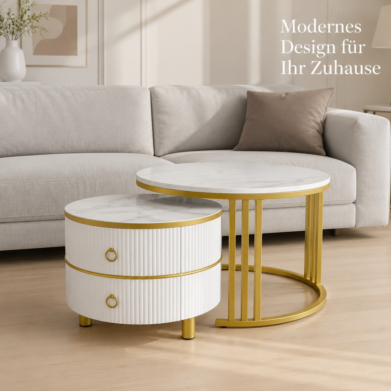 Image of 70*70*46 + 50*50*40cm Luxury Round Coffee Table Set White-gold Extendable With 2 Drawers Marble Optic Sofa Table For Living Room