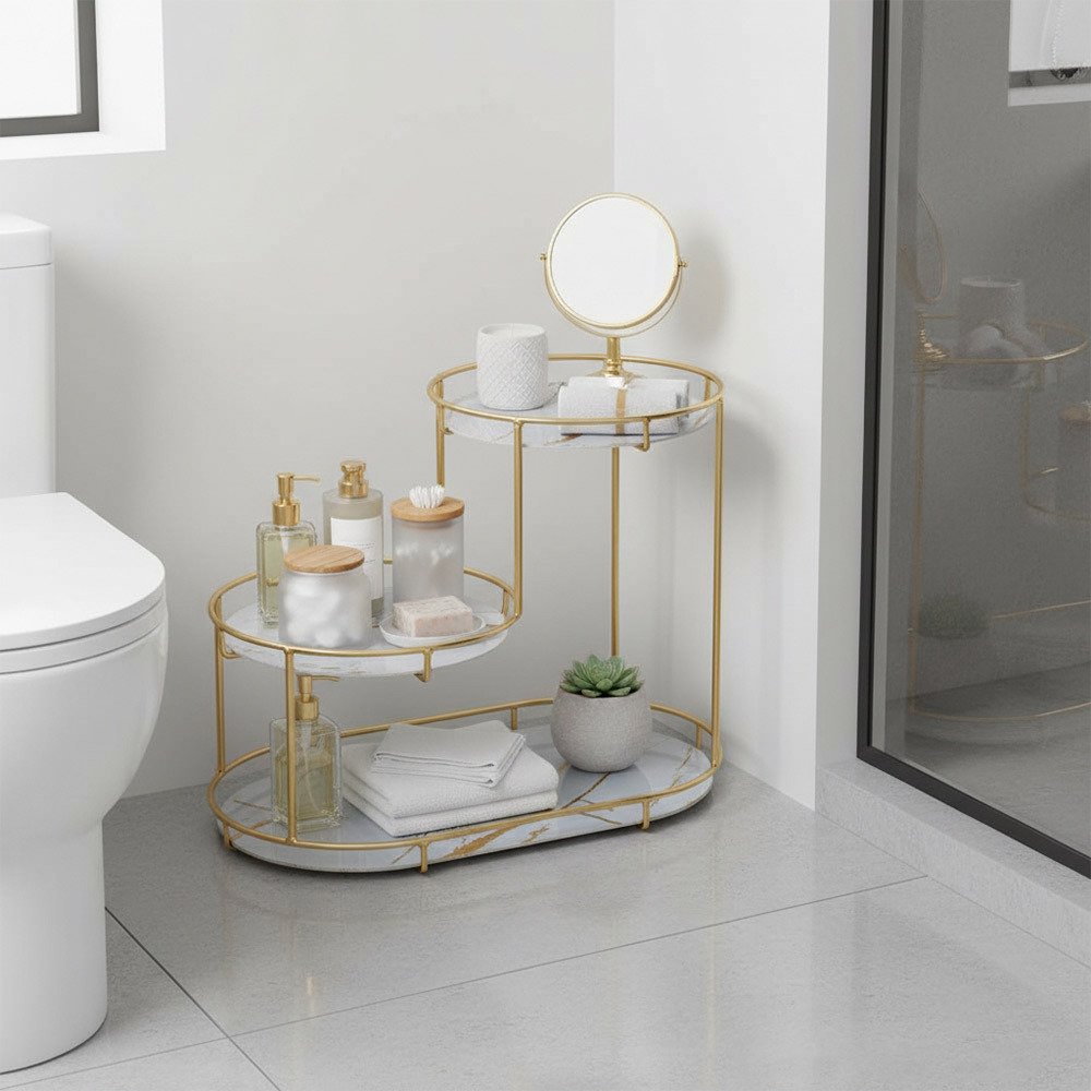 TEMU Modern 3-tier Bathroom Organizer Shelf, Vanity Storage Rack For Cosmetics Display, Desktop Makeup Organizer With Staggered Design, Suitable For
