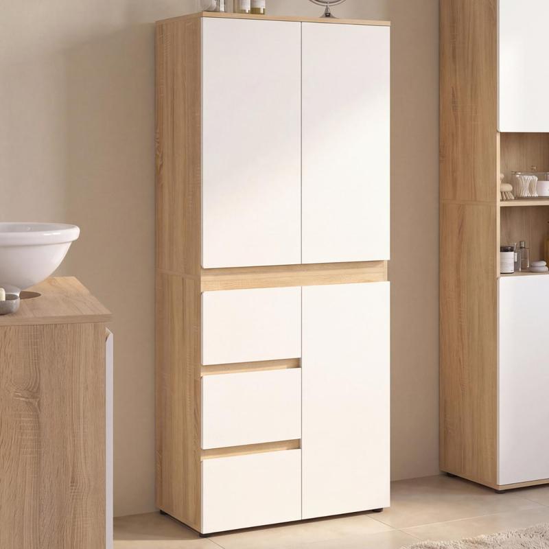 TEMU Meuble armoire colonne salle de bain TOMI 3 portes et 3 tiroirs façon hêtre et blanc