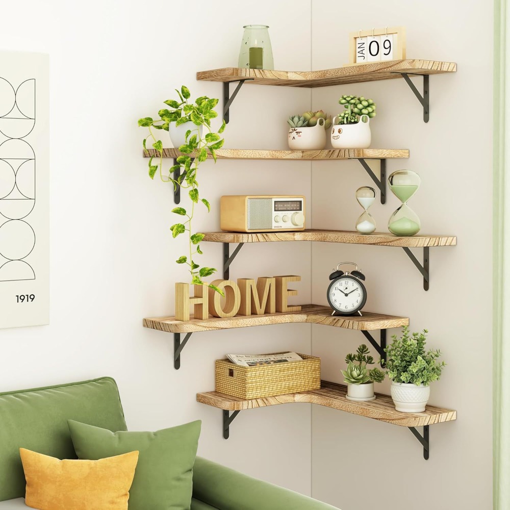 TEMU 3/5 Tier Natural Corner Shelf Rustic Wooden Floating Shelves Wall-mounted For Bathroom, Kitchen, Bedroom, Laundry Room & Living Room Decor,