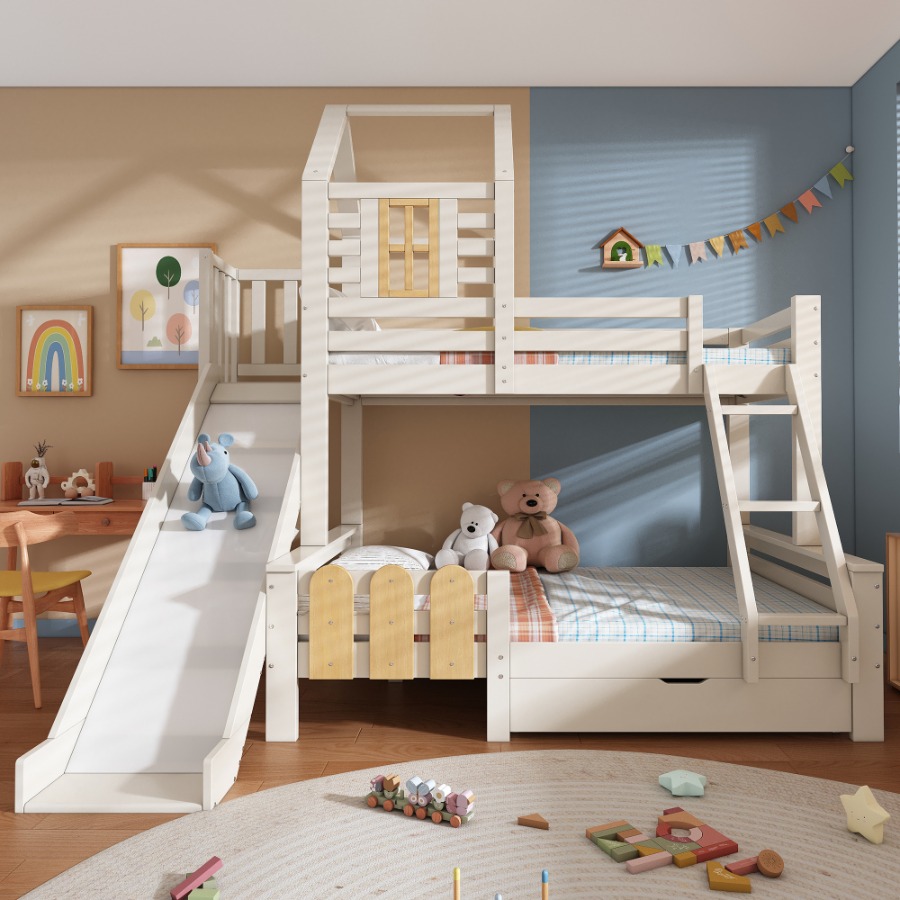 Bunk Beds for Kids, Wooden Cabin Bed with Ladder and Slide, Multi-functional Tree-house Bed, Children's House Bed, Twin Sleeper (90+135) x 190 cm, Solid Wood, White