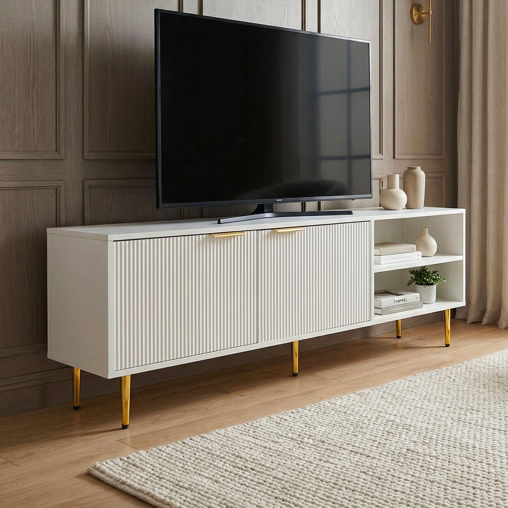 Image of Lowboard Tv Furniture White 150cm - Tv Cabinet With Slatted Front - Tv Cabinet With 2 Doors And Open Shelves - Tv Cabinet Tv Cupboard With Metal Legs - Modern Tv Cabinet