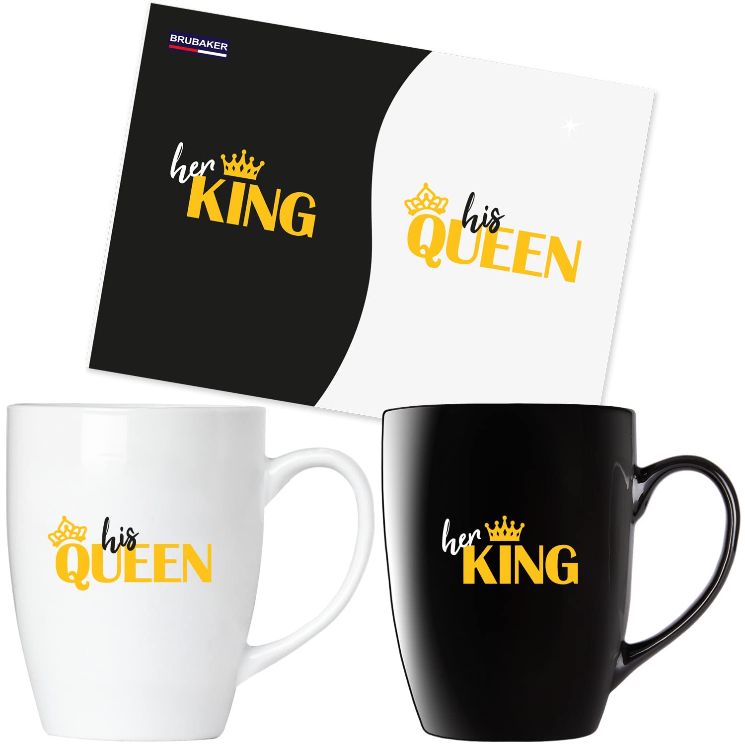 Brubaker Coffee Mugs His King & Her Queen With Greeting Card - Black And White Coffee Cups - 300 Ml Mug Gift Set