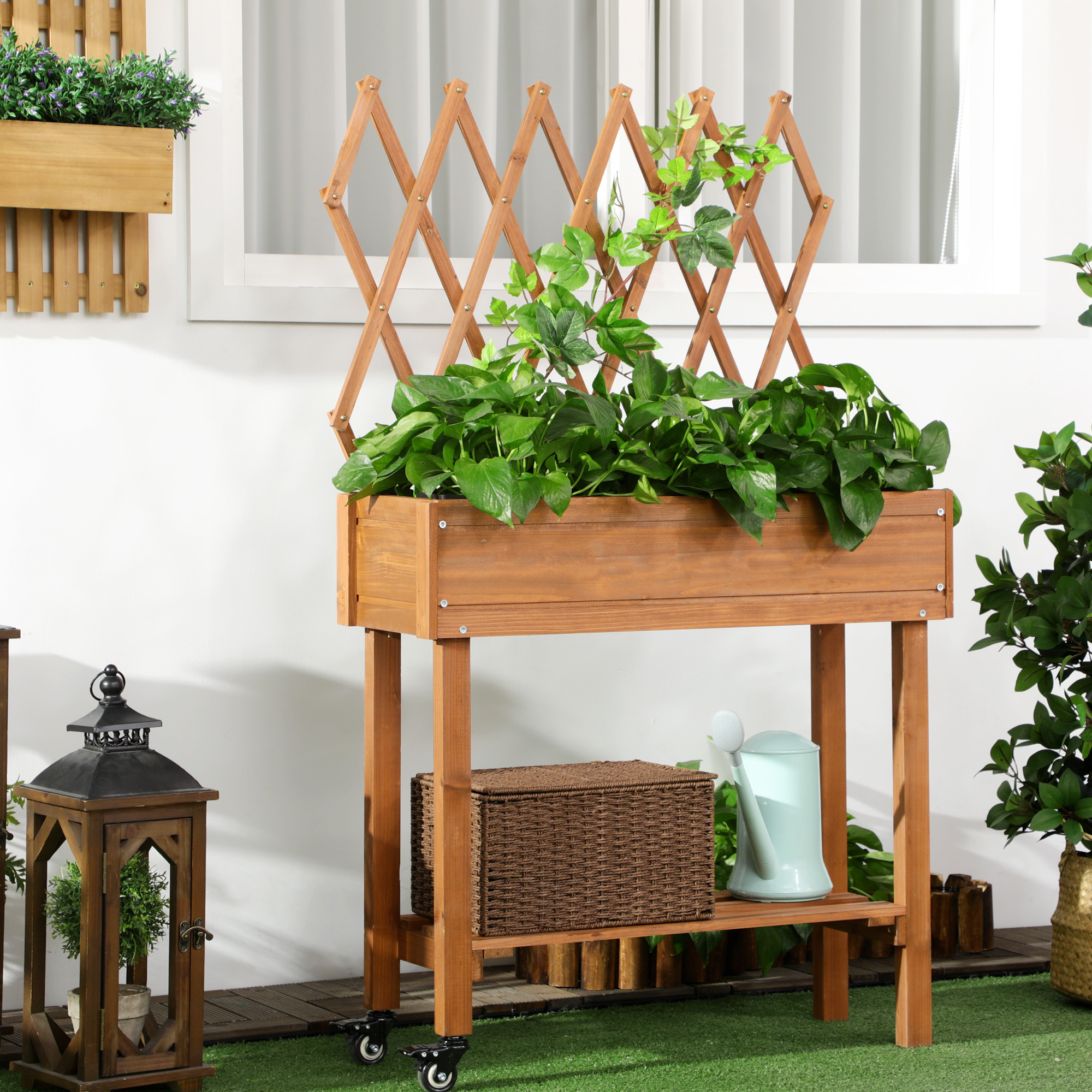 Raised Bed With Trellis, Flower Box With Shelf, Planter With Wheels, Planter Box For Terrace, Balcony, Solid Wood, Brown, 79 X 29 X 130 Cm