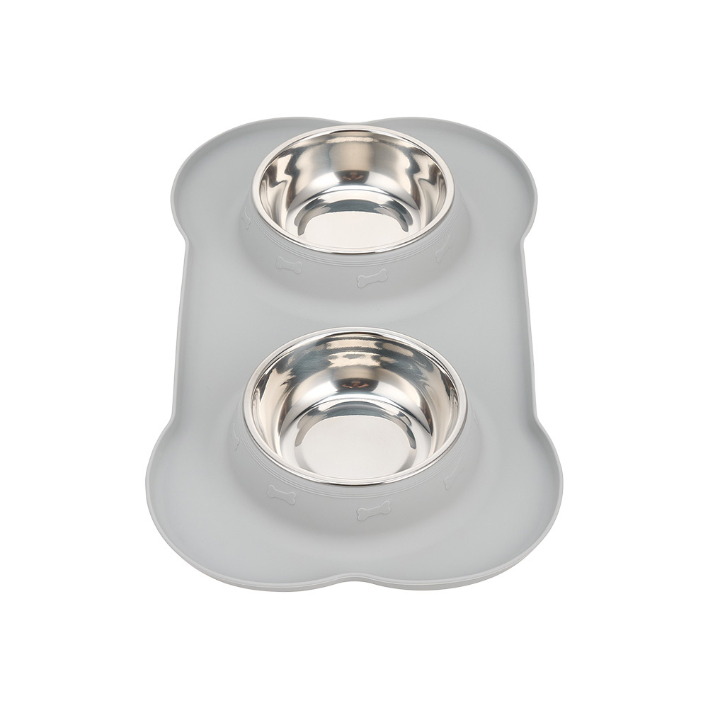 Dog Double Feeding Bowl Cat Food Bowls with Mat Tray for Dogs Cats with Non-slip Bottom Gray 18.5x29.5x3.5cm