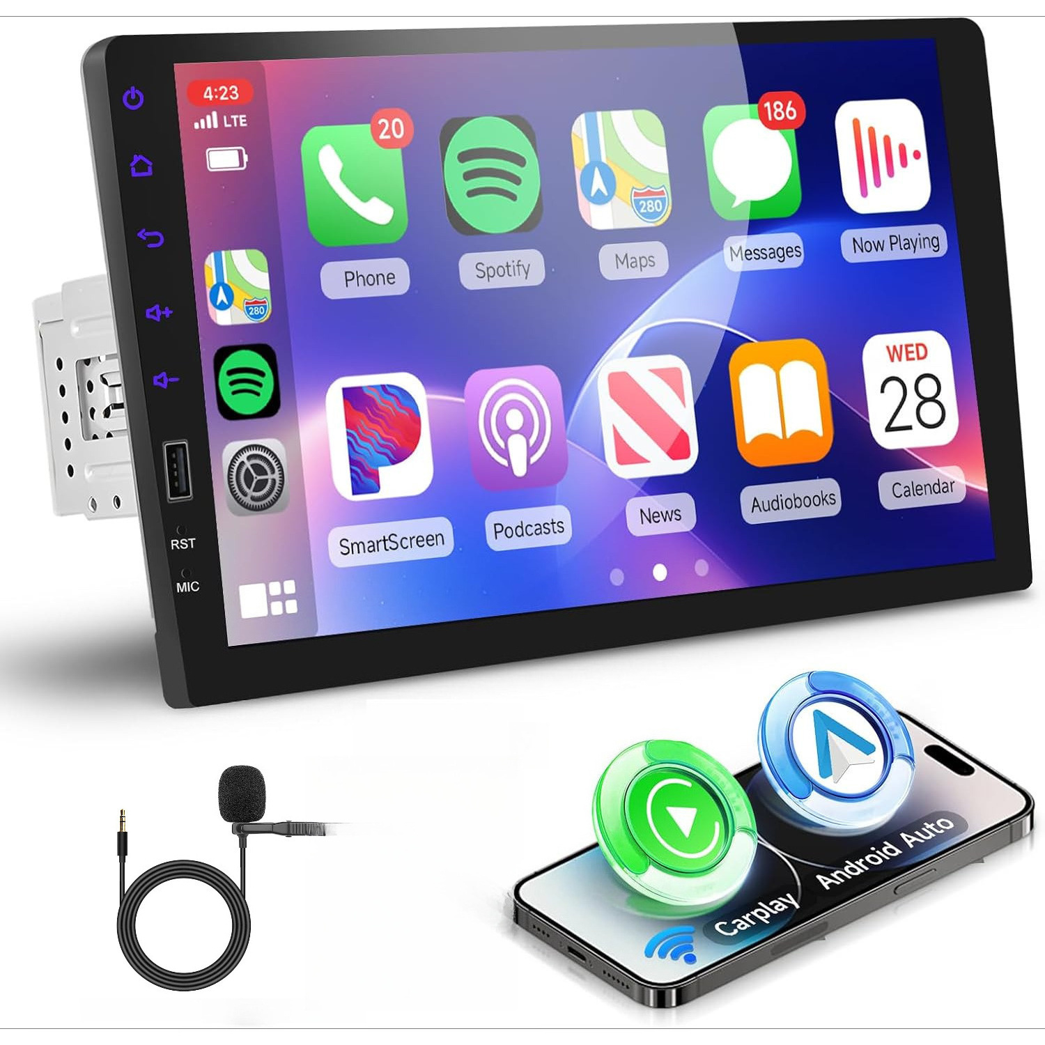 Single Din Car Stereo With 9 Inch Touch Screen, & Auto, Bluetooth, Fm/am/rds Radio, Online Video, , Eq, Swc, Usb, Rgb Button Lights