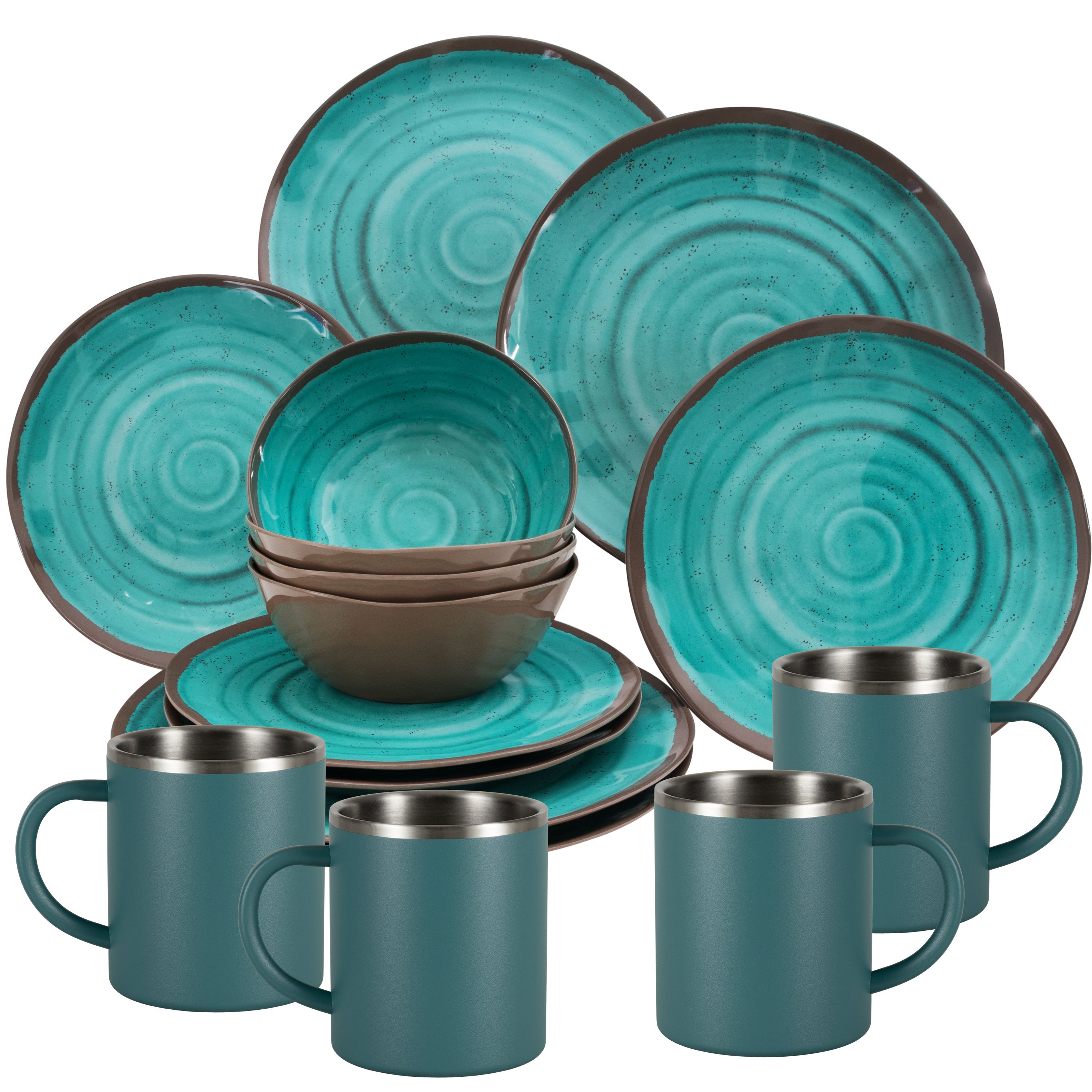 Image of Turquoise Camping Tableware For , 16-piece Set With Stainless Steel Thermo Mugs - Clay-look Dinnerware - Ideal For Camping, Picnics, And Modern Outdoor Use