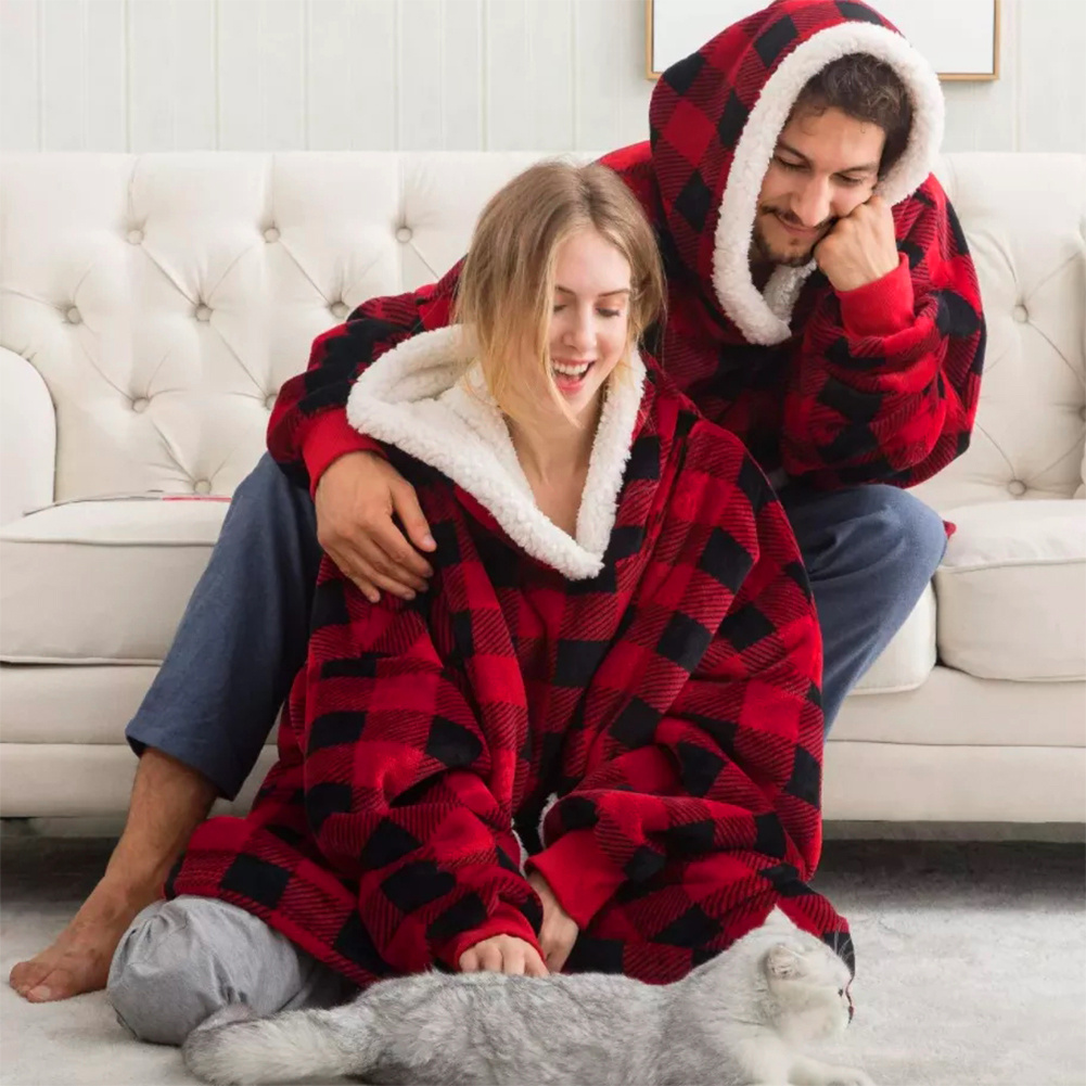TEMU 1pc Cozy Plush Fleece Wearable Blanket Hoodie, Oversized Decor Blanket With Sleeves, Home Clothes Hooded Robe With Deep Pockets, Soft Flannel,