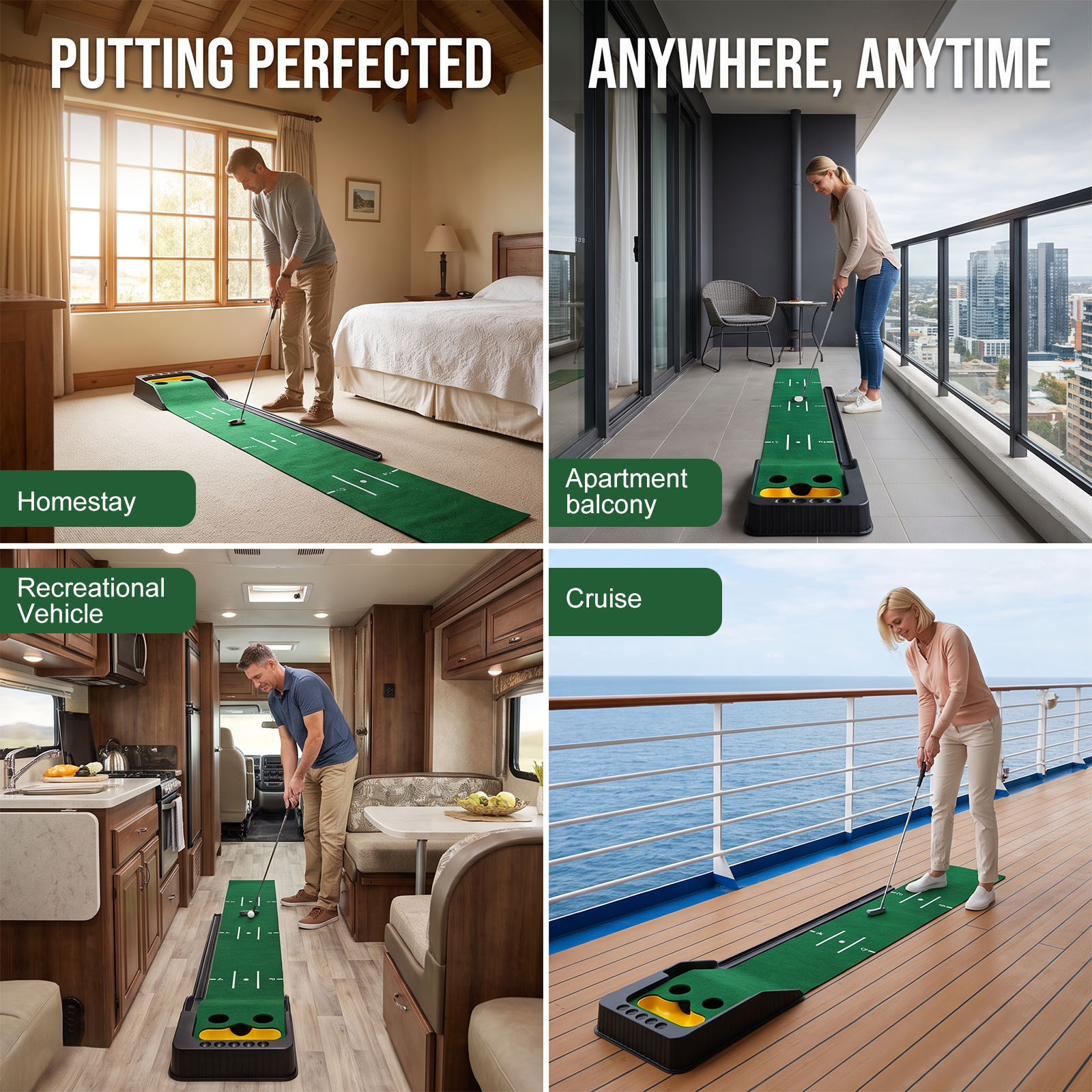 Golf Putting Mat with Automatic Ball Return & Dual-Hole Design