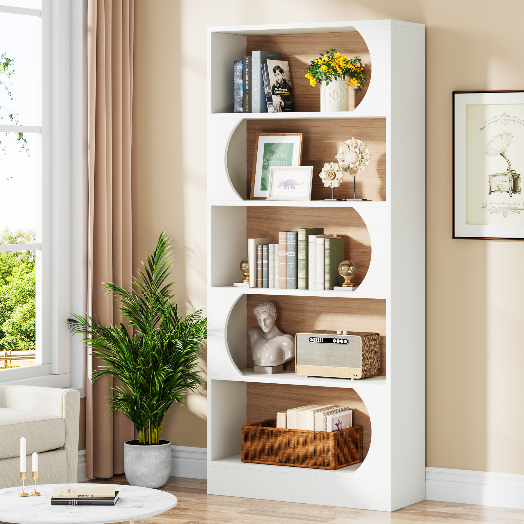 Image of 5-tier Bookshelf, 180 Cm Tall Freestanding Bookshelf With Storage Shelves, Large Open Storage Rack, Wooden Shelves For Bedroom, Living Room, Office, White And Walnut