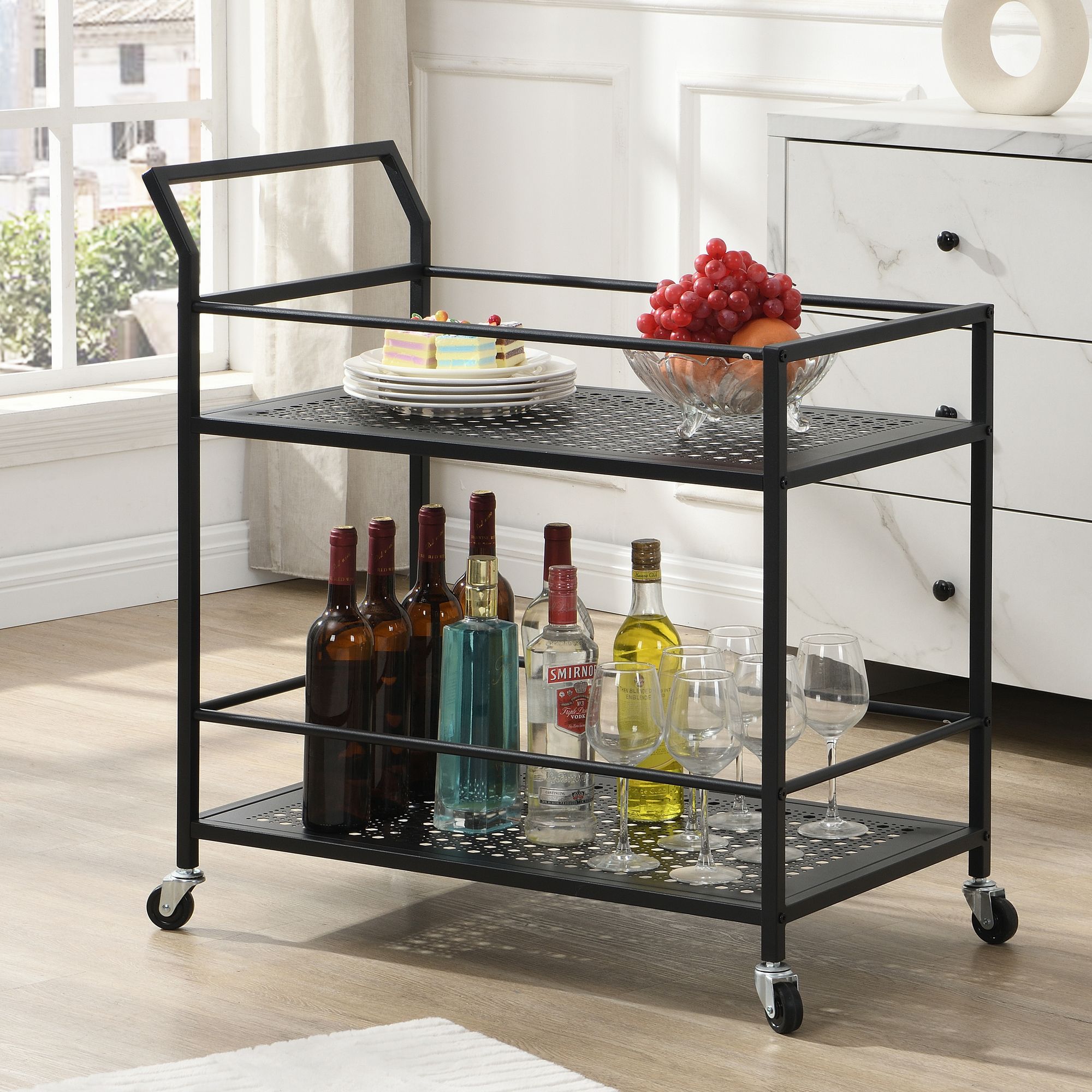 Image of Metal Serving Cart 79x45x83 Cm With Wheels & Brakes, 2-tier Kitchen Cart, Bar Cart & Rolling Cart, Multifunctional Modern Side Table For Kitchen, Dining Room, Living Room