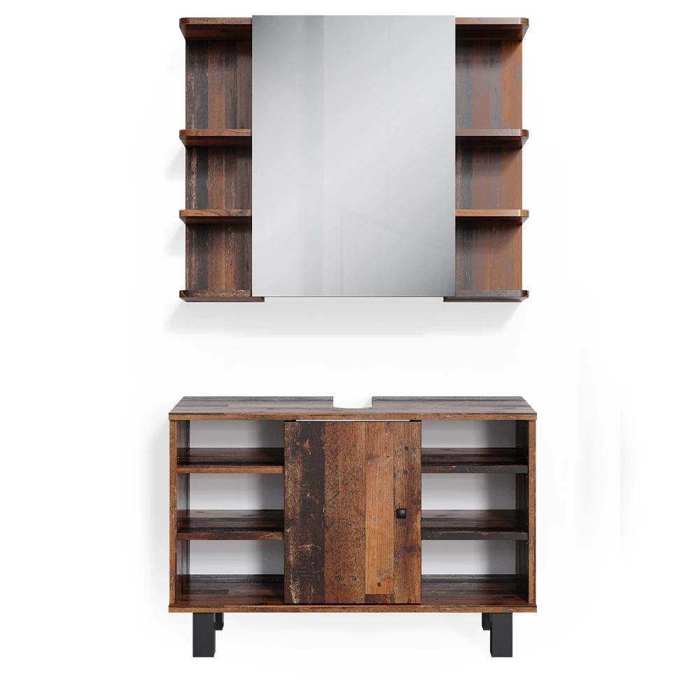 Rustic Oak Badminton Set, 2 Parts, 80 Cm Washbasin Cabinet, Bathroom Mirror Cabinet, Bathroom Furniture, Bathroom Cabinet, 16 Mm Chipboard.
