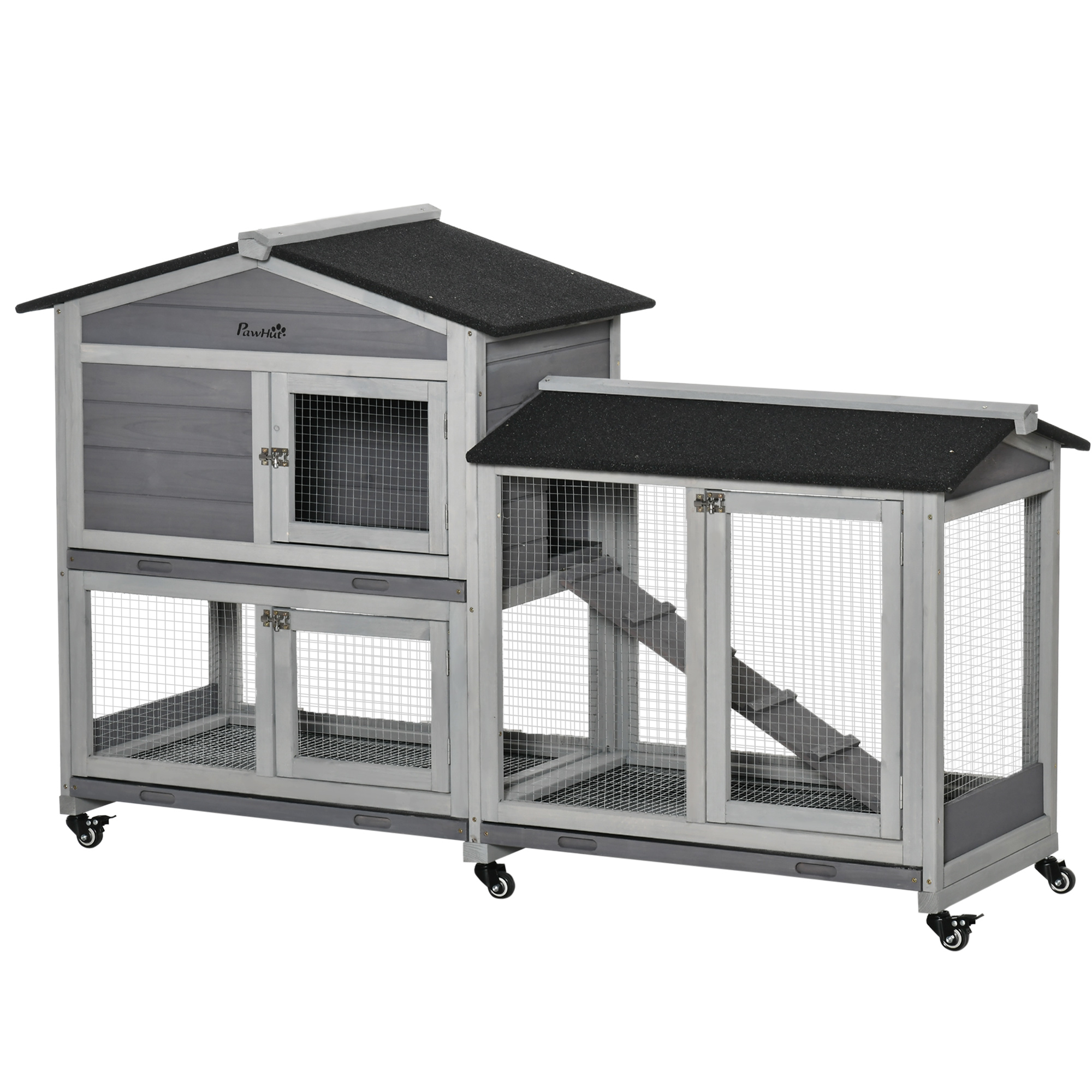 Image of Pawhut Clapier Wooden Rabbit Small Animal Enclosure Villa For Rabbit On Wheels 2-tier 3 Sliding Trays 157.4 X 53 .5 Cm Grey