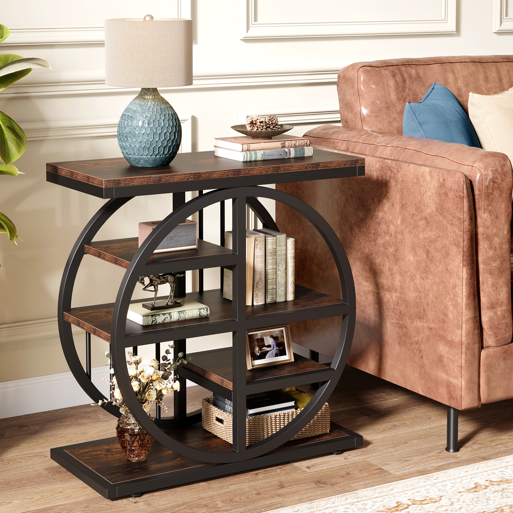 5-tier Narrow Wooden Side Table 60 X 30 Table With Metal Frame, Industrial Side Table For Living Room, Tall Narrow Nightstand For Bedroom